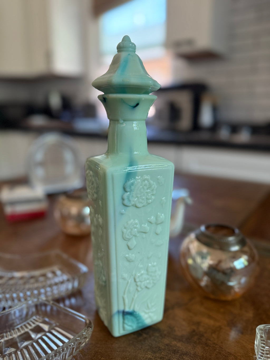 Vintage Aqua Jade Slag Glass Floral Liquor Decanter, c. 1970s