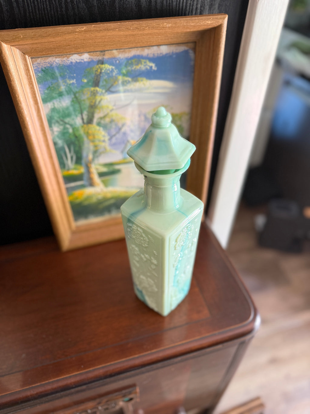 Vintage Aqua Jade Slag Glass Floral Liquor Decanter, c. 1970s