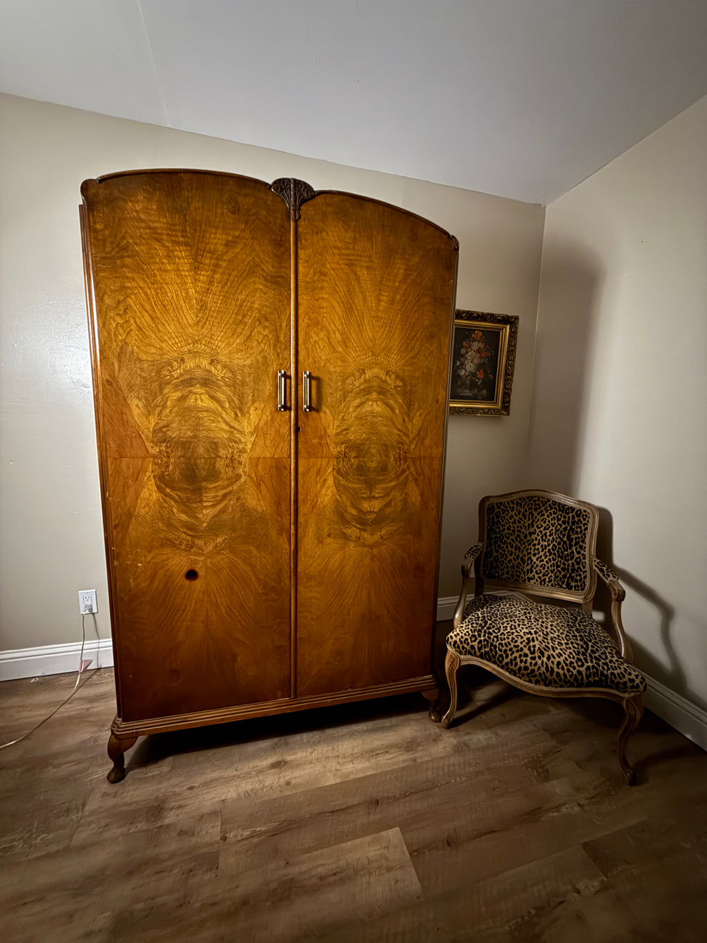 Art Deco Walnut Veneer Wardrobe with Carved Floral Crown and Book-Matched Burl Panels, c 1930s