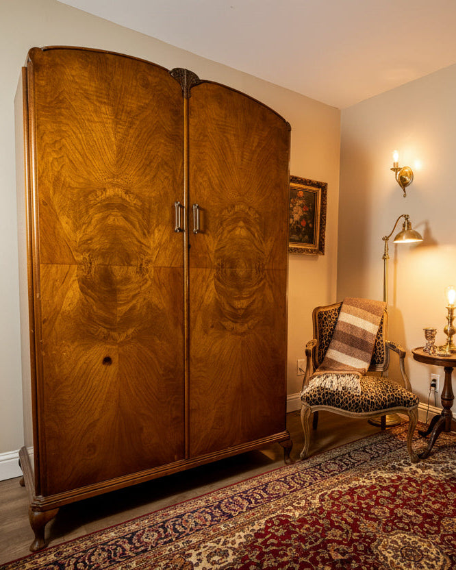 Art Deco Walnut Veneer Wardrobe with Carved Floral Crown and Book-Matched Burl Panels, c 1930s