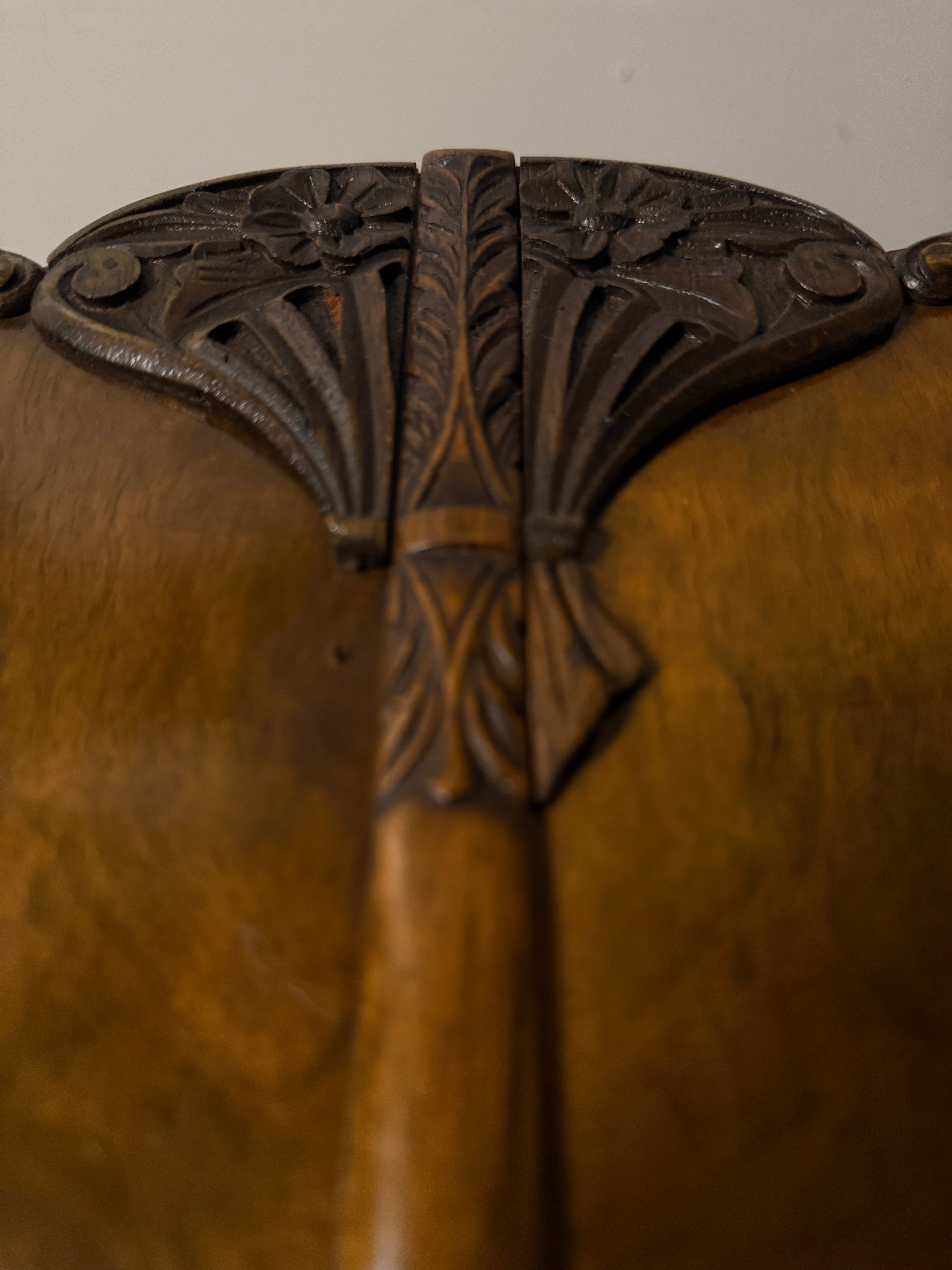 Art Deco Walnut Veneer Wardrobe with Carved Floral Crown and Book-Matched Burl Panels, c 1930s