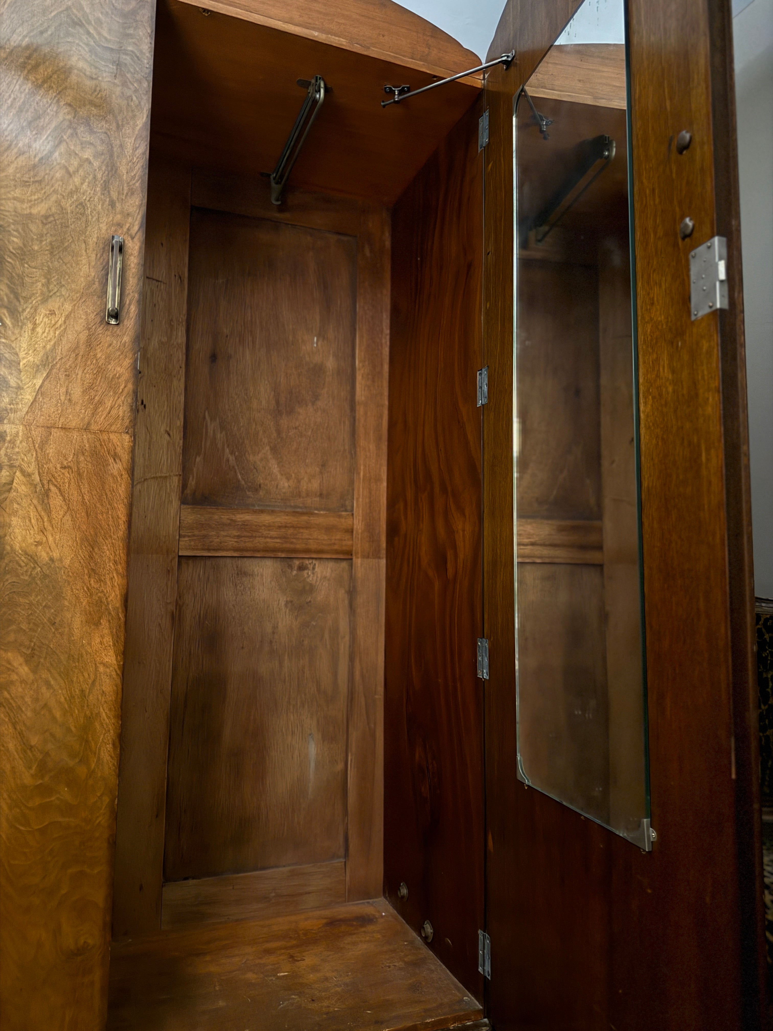 Art Deco Walnut Veneer Wardrobe with Carved Floral Crown and Book-Matched Burl Panels, c 1930s