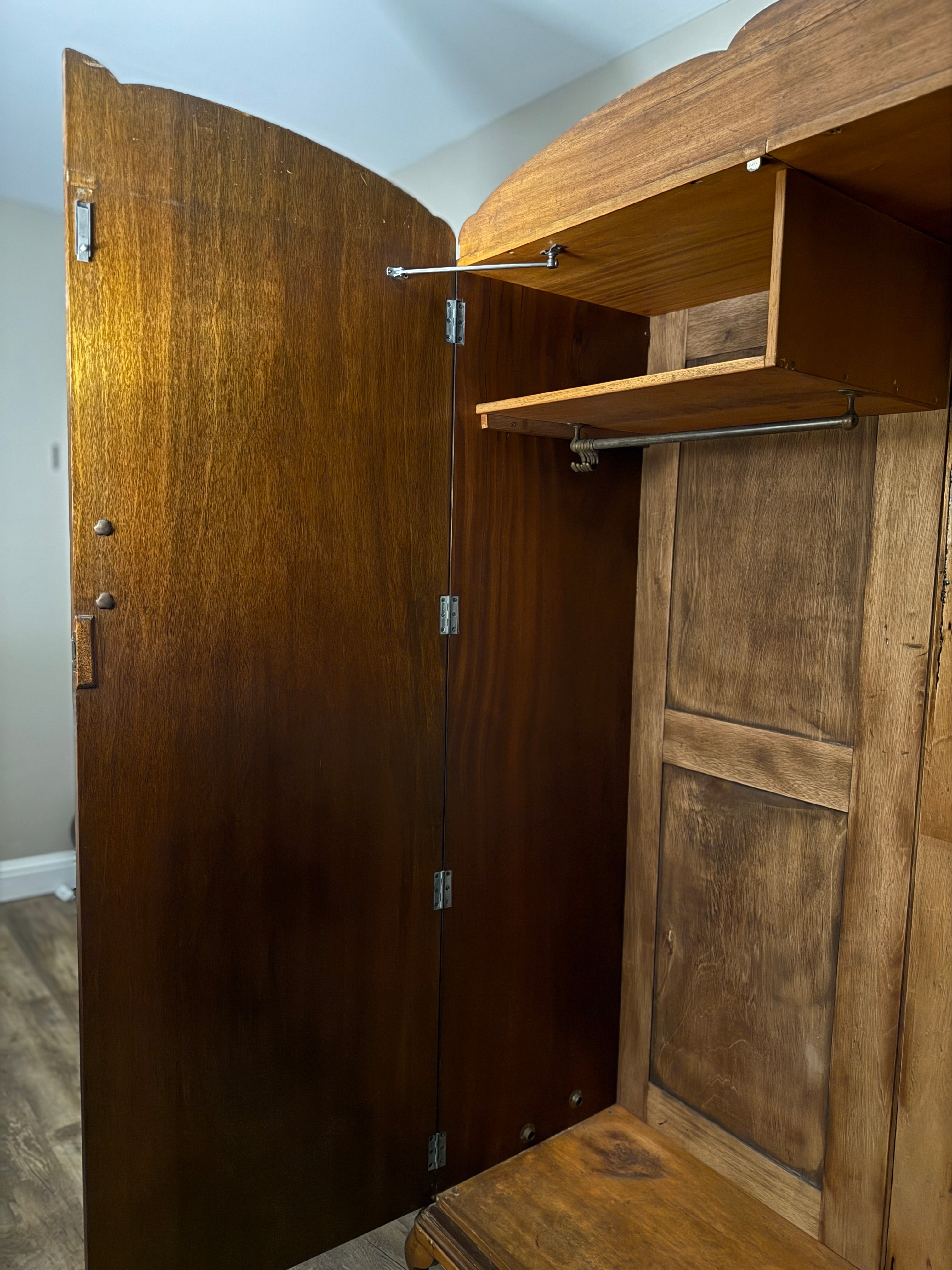 Art Deco Walnut Veneer Wardrobe with Carved Floral Crown and Book-Matched Burl Panels, c 1930s