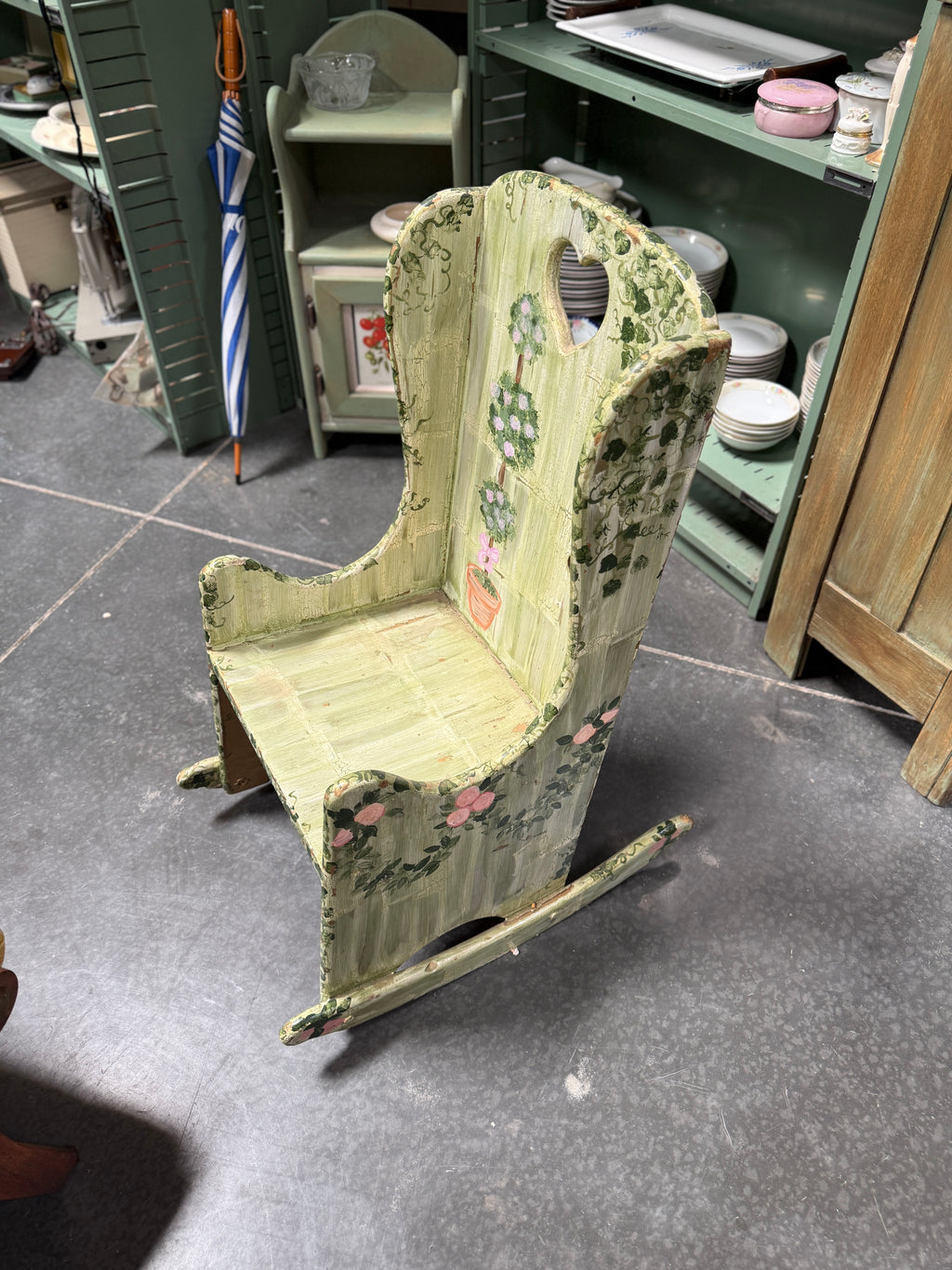 Vintage Folk Painted Cottage Child’s Rocking Chair, c. 1920s–1940s