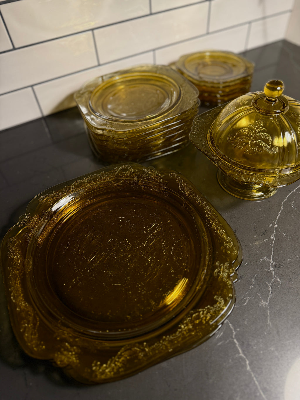 Amber “Princess” Pattern Depression Glass Dinnerware Set — Hocking Glass Co., c. 1931–1935
