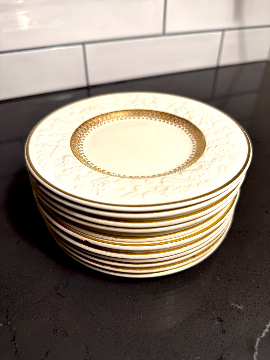 George Jones & Sons “Rhapsody” for Crescent China — Gilt & Embossed Small Plates and Berry/Sauce Bowls (England, c. 1920s–1930s)