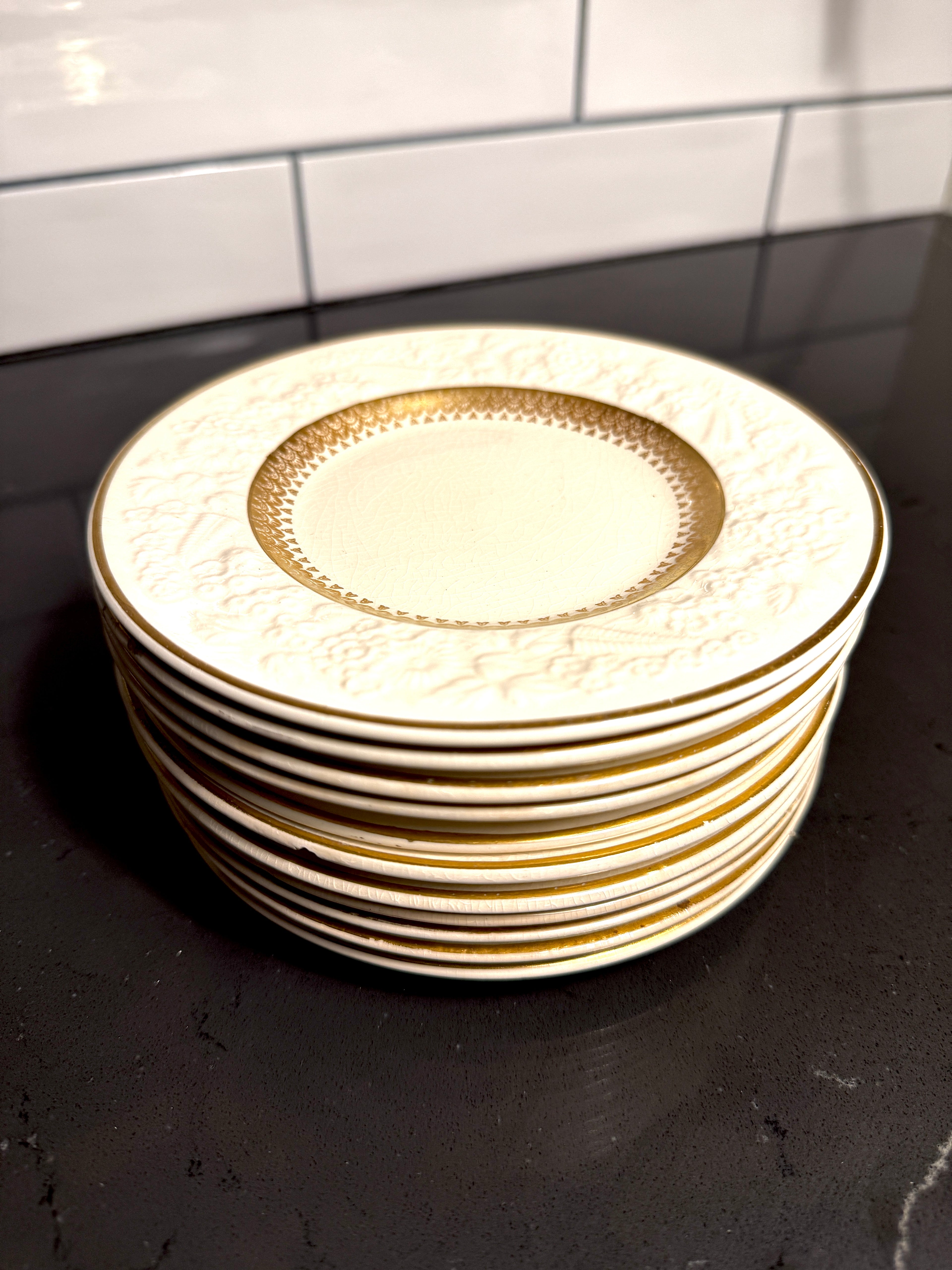 George Jones & Sons “Rhapsody” for Crescent China — Gilt & Embossed Small Plates and Berry/Sauce Bowls (England, c. 1920s–1930s)