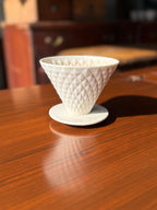 Vintage 1960s Ivory Ceramic Diamond-Pattern Pour-Over Coffee Dripper