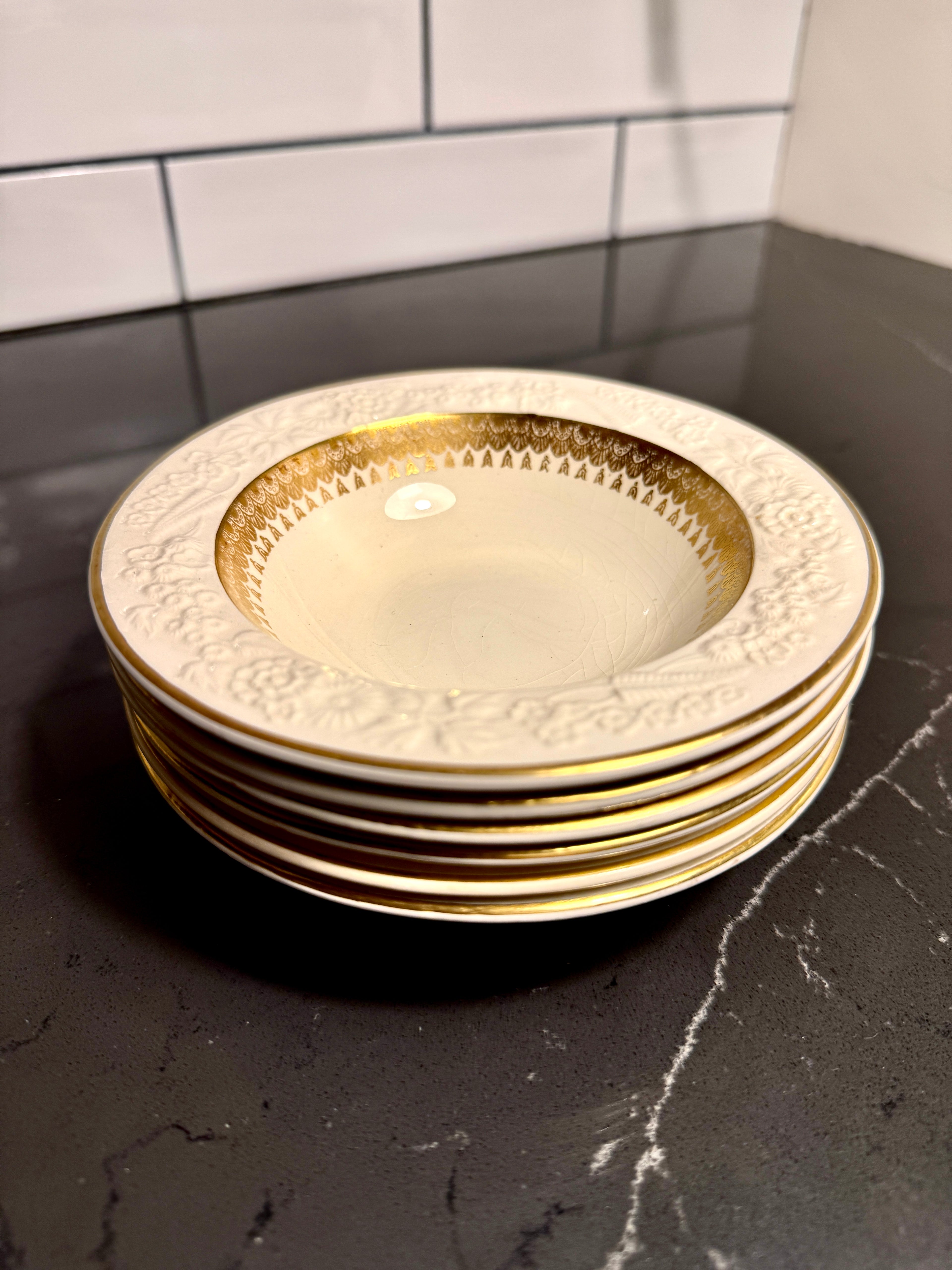 George Jones & Sons “Rhapsody” for Crescent China — Gilt & Embossed Small Plates and Berry/Sauce Bowls (England, c. 1920s–1930s)