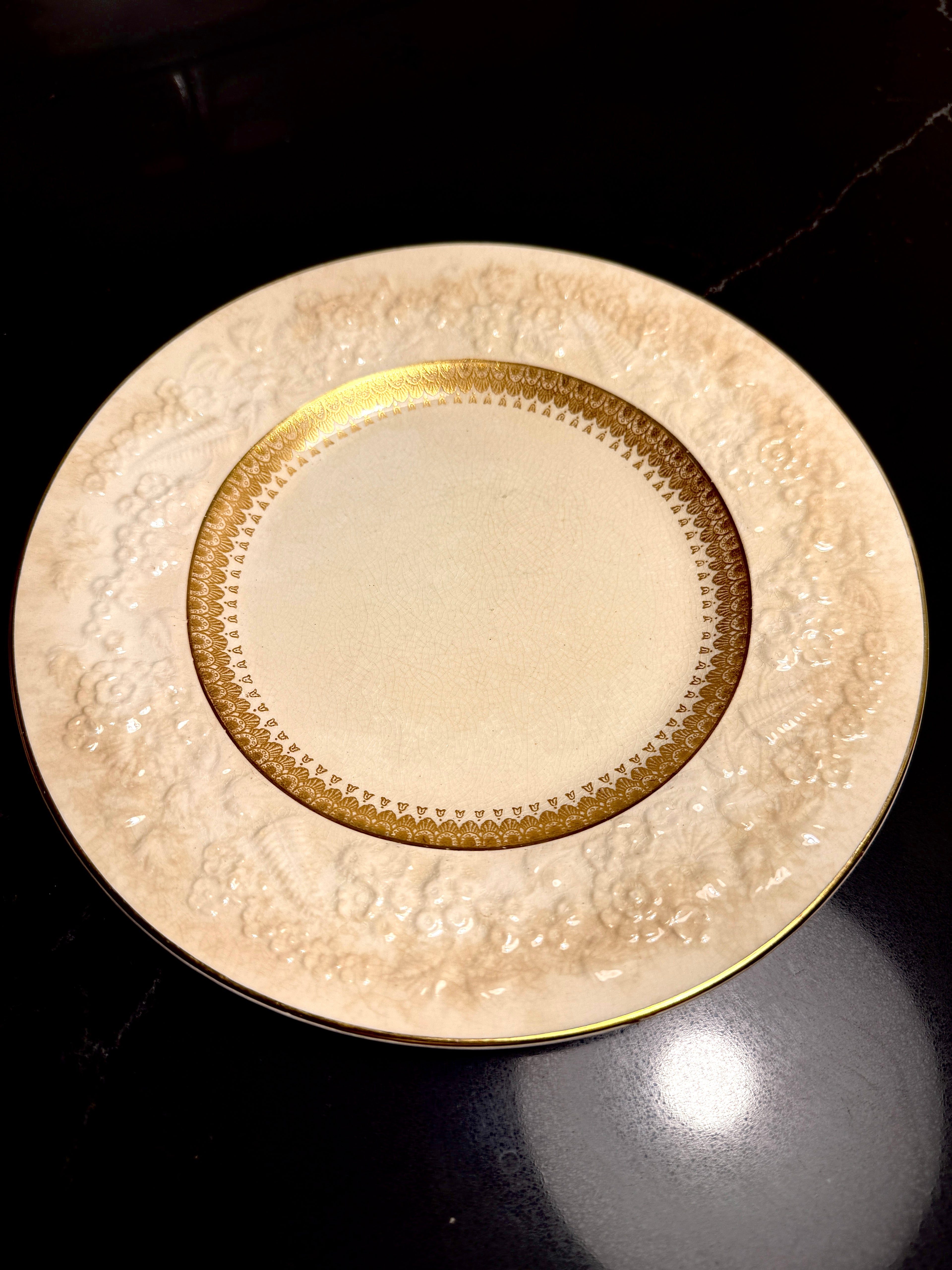George Jones & Sons “Rhapsody” for Crescent China — Gilt & Embossed Small Plates and Berry/Sauce Bowls (England, c. 1920s–1930s)
