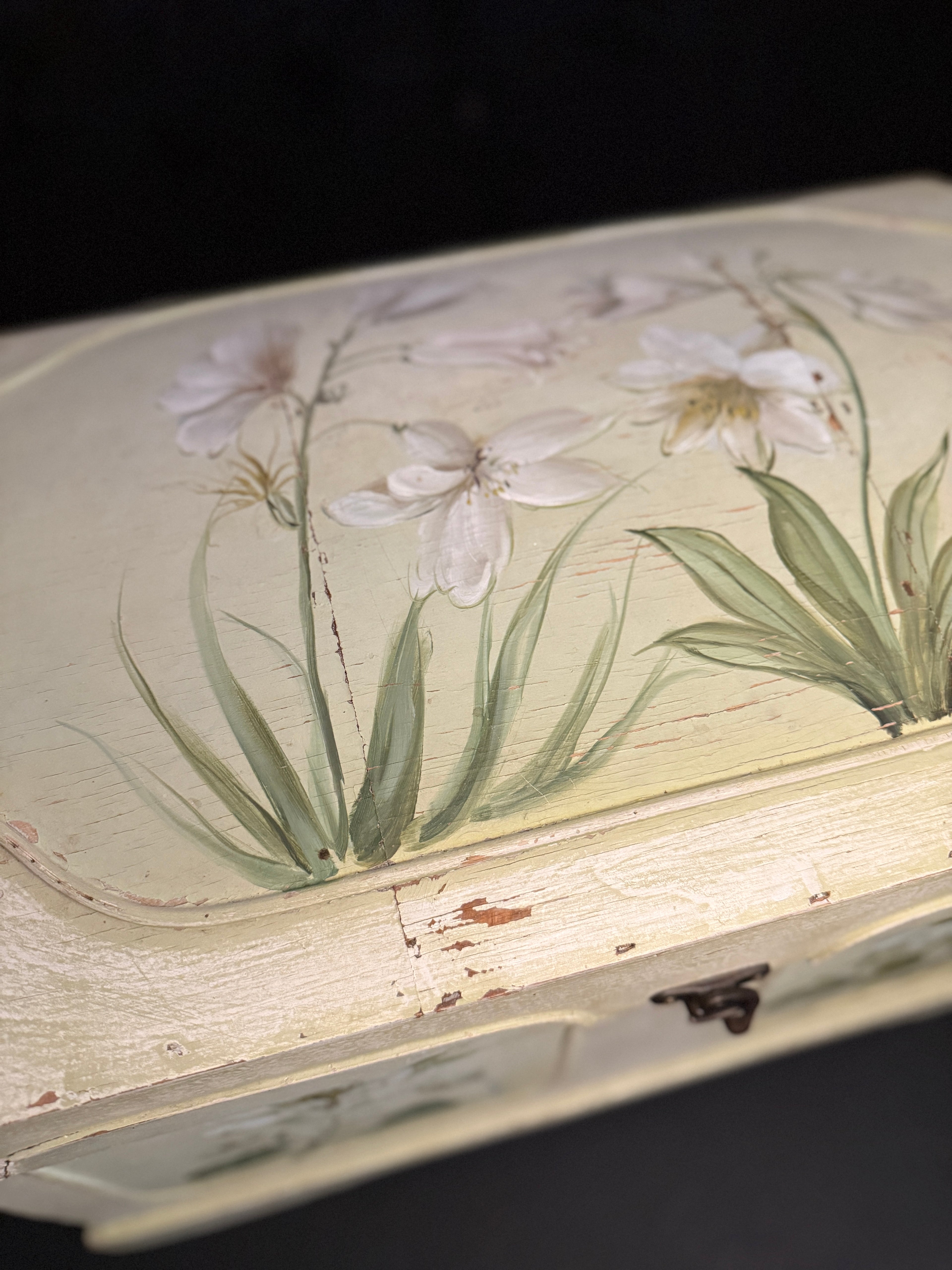 1910 Hand-Painted Edwardian Floral Cottage Chest in Distressed Ivory with Magnolia Motifs