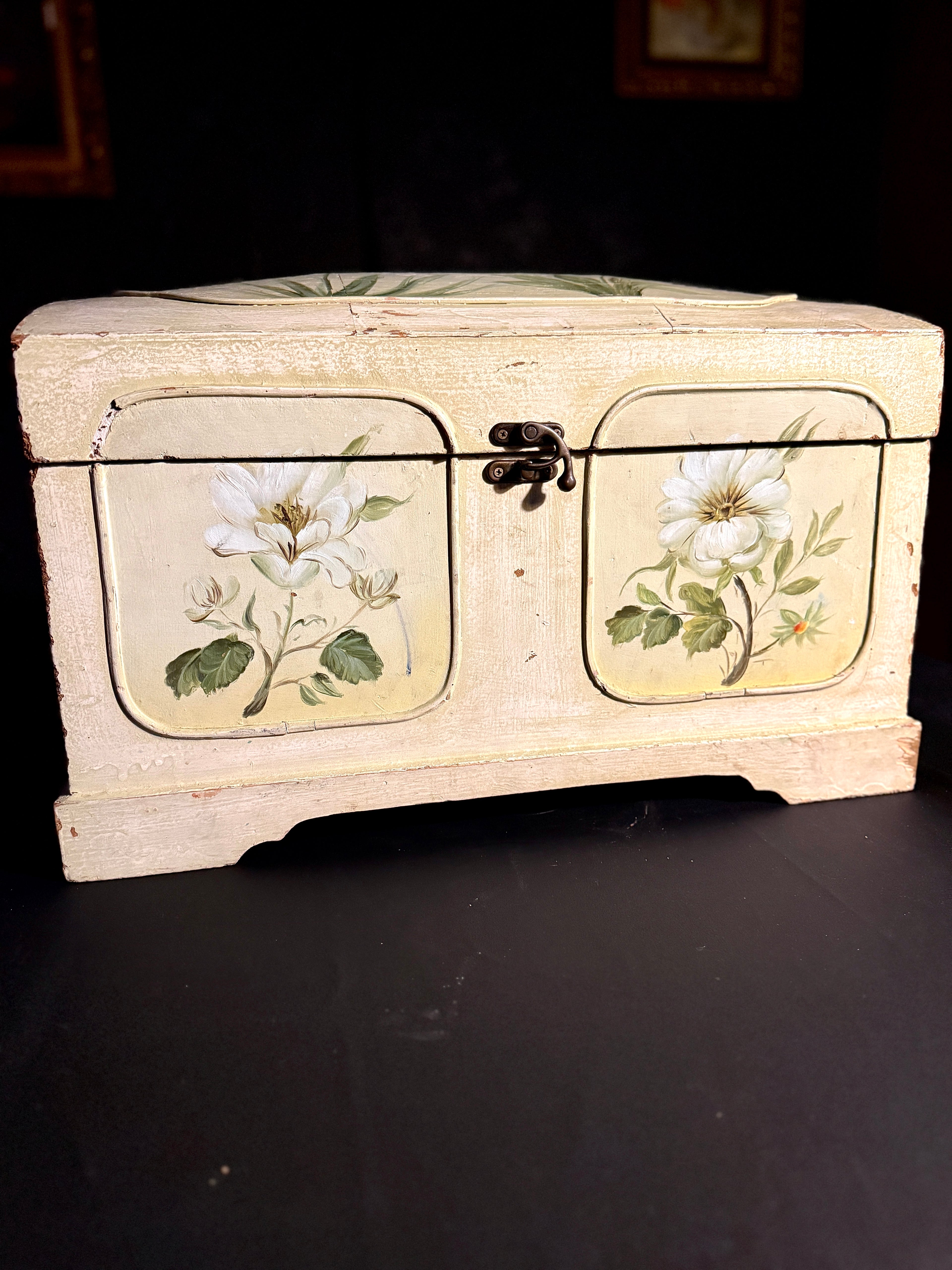 1910 Hand-Painted Edwardian Floral Cottage Chest in Distressed Ivory with Magnolia Motifs