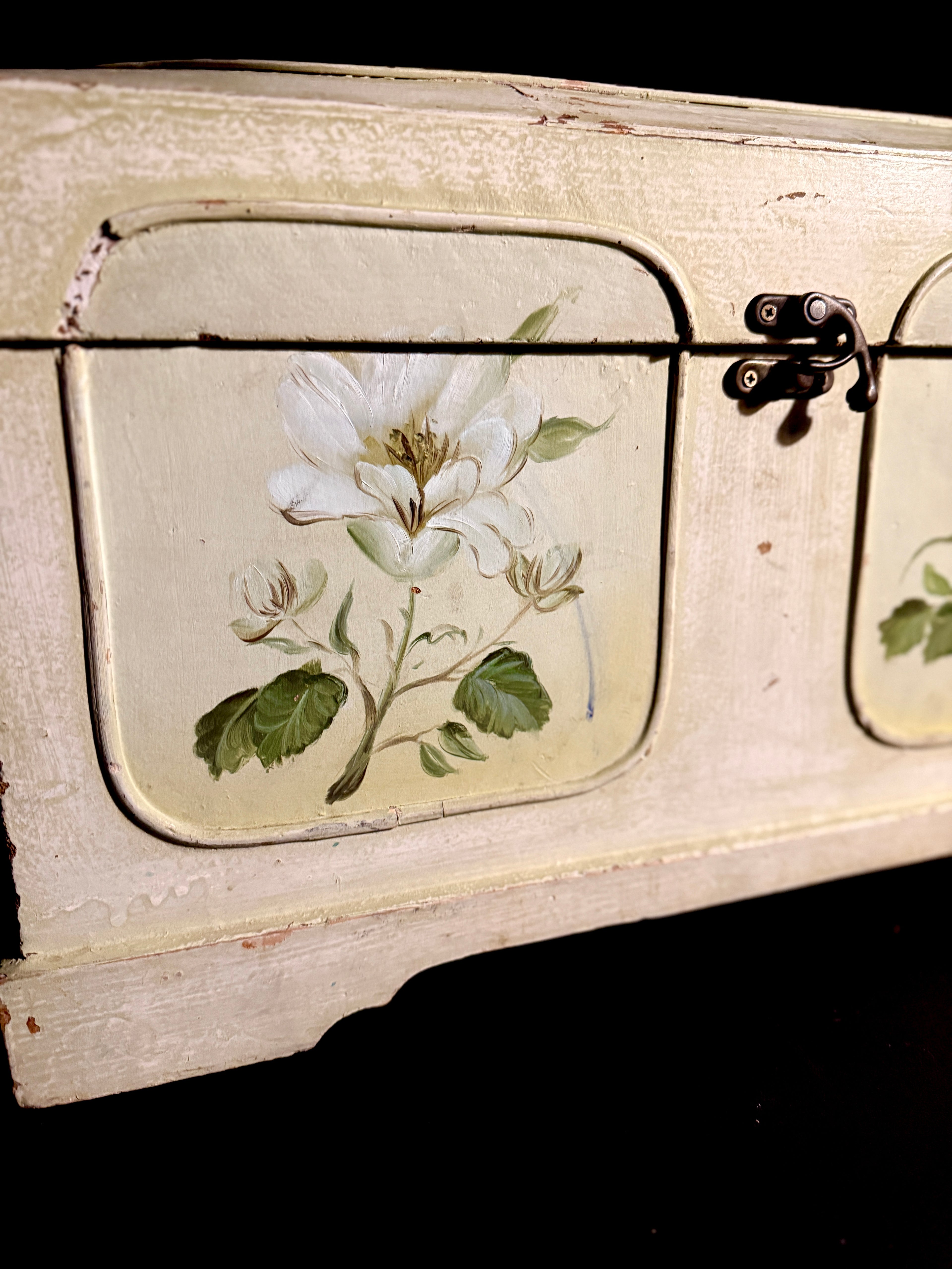 1910 Hand-Painted Edwardian Floral Cottage Chest in Distressed Ivory with Magnolia Motifs