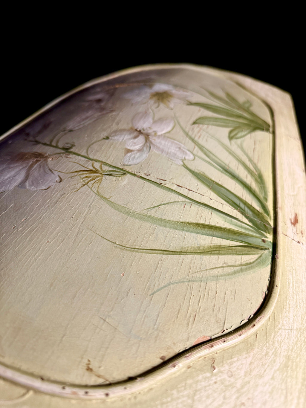 1910 Hand-Painted Edwardian Floral Cottage Chest in Distressed Ivory with Magnolia Motifs
