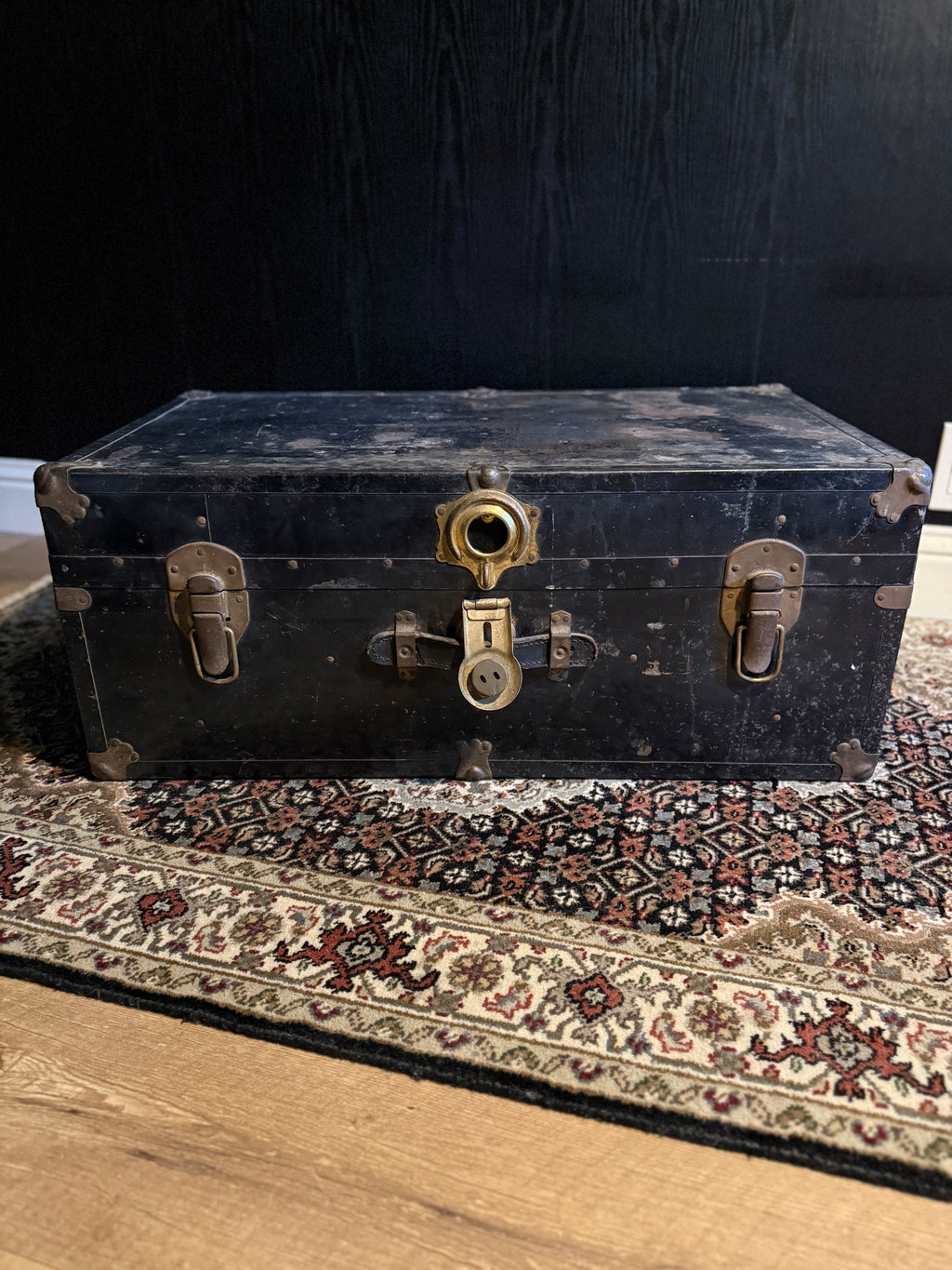 c. 1920 Black Japanned Steel Steamer Trunk with Brass Trim and Circular Lock
