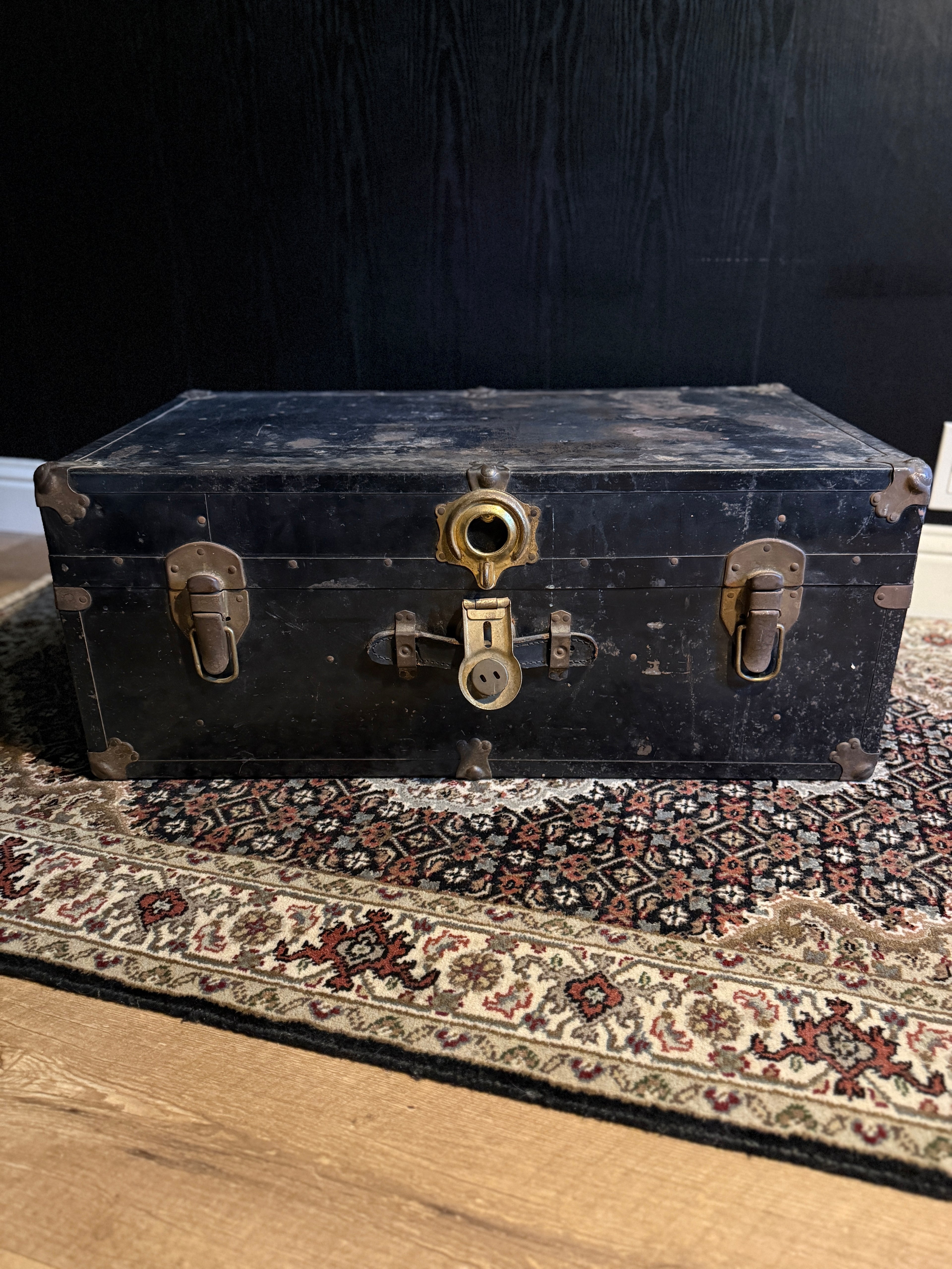c. 1920 Black Japanned Steel Steamer Trunk with Brass Trim and Circular Lock