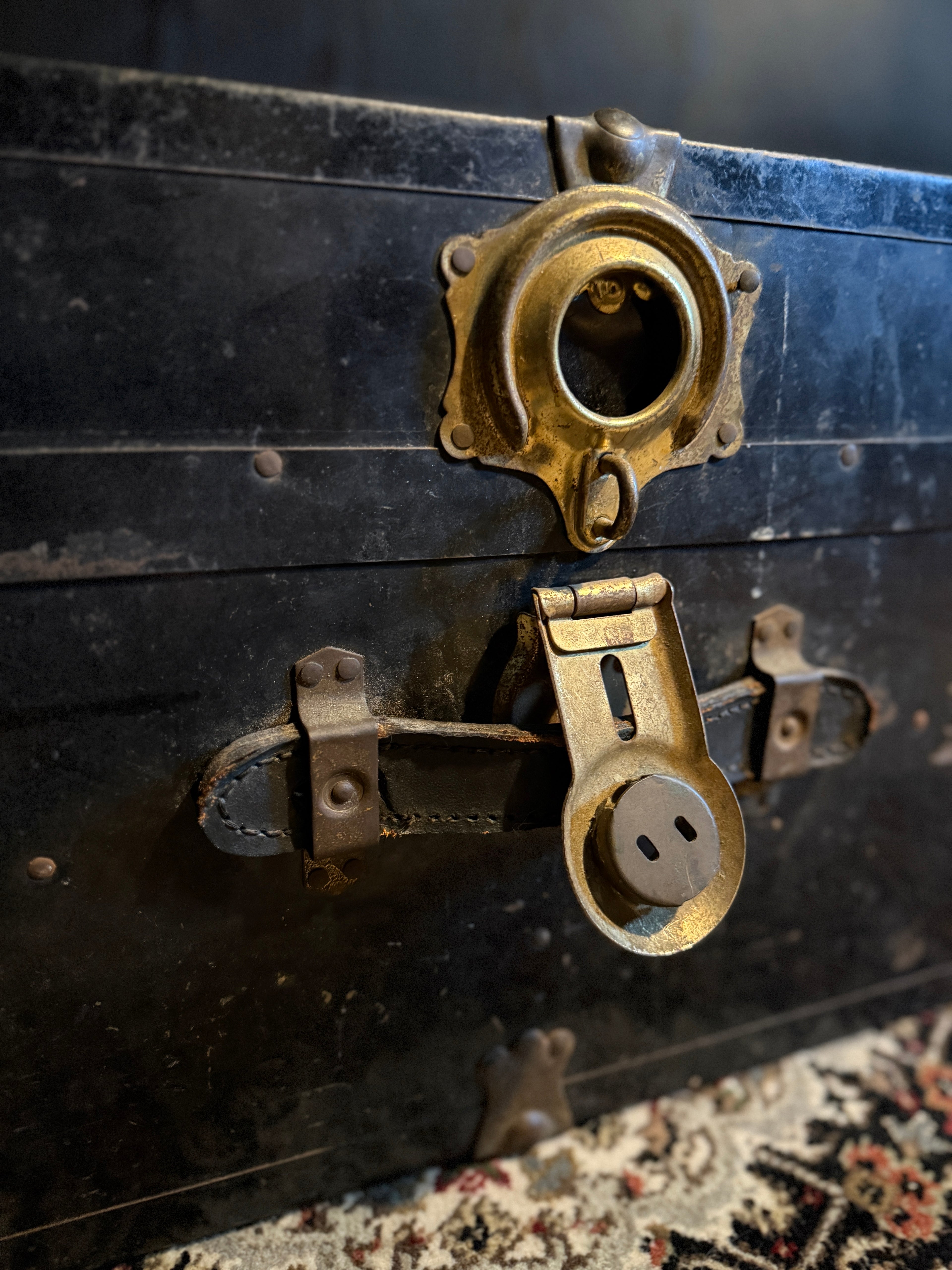 c. 1920 Black Japanned Steel Steamer Trunk with Brass Trim and Circular Lock