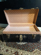 c. 1920 Black Japanned Steel Steamer Trunk with Brass Trim and Circular Lock