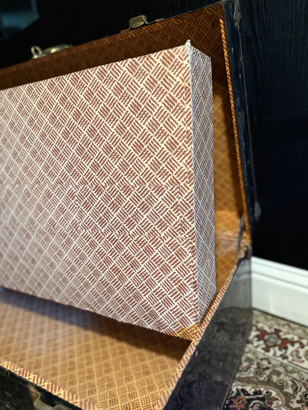 c. 1920 Black Japanned Steel Steamer Trunk with Brass Trim and Circular Lock