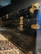 c. 1920 Black Japanned Steel Steamer Trunk with Brass Trim and Circular Lock