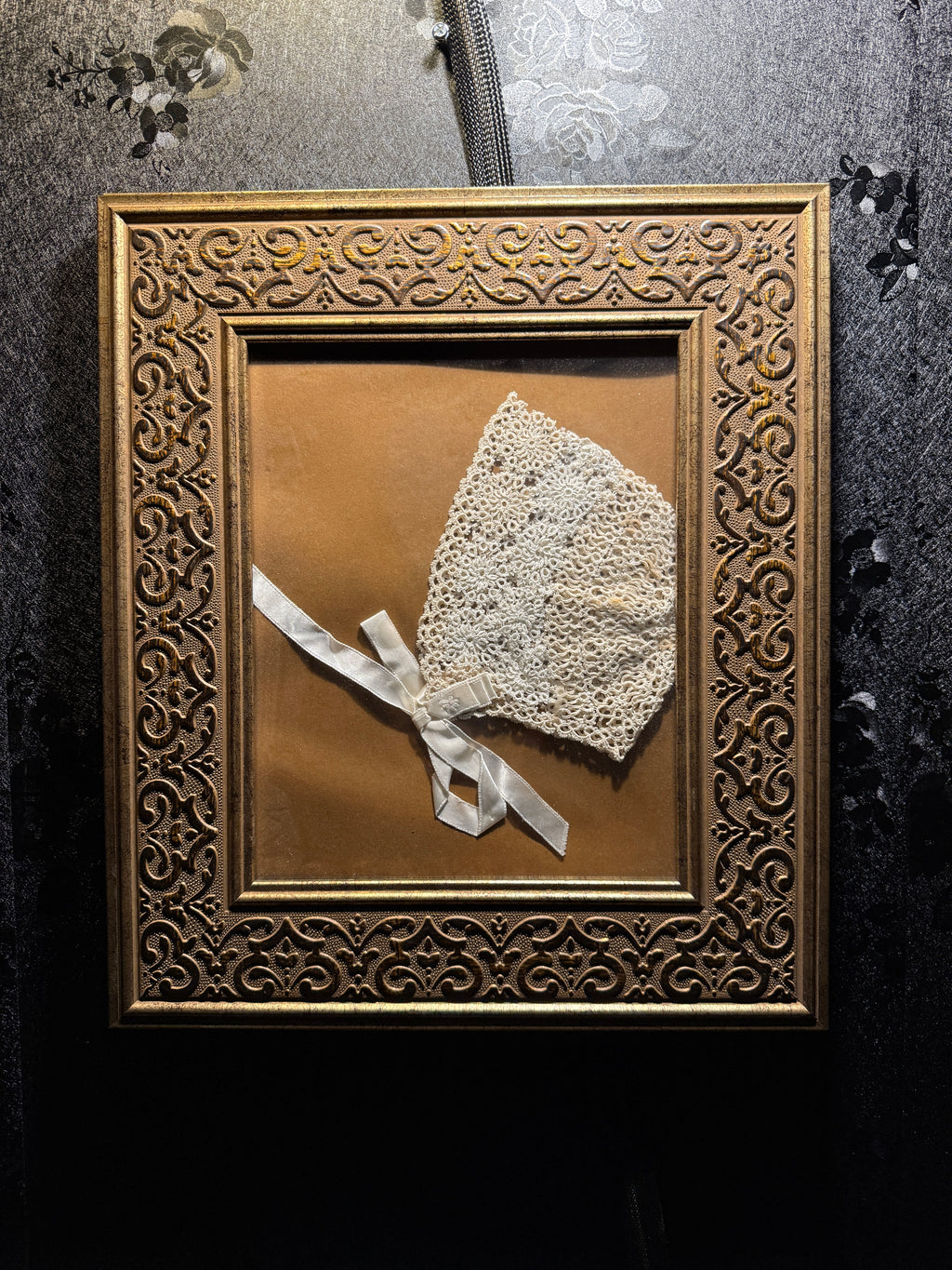 Edwardian Hand-Crocheted Christening Bonnet in Gilt Frame c. 1905–1910, England, Irish, or America