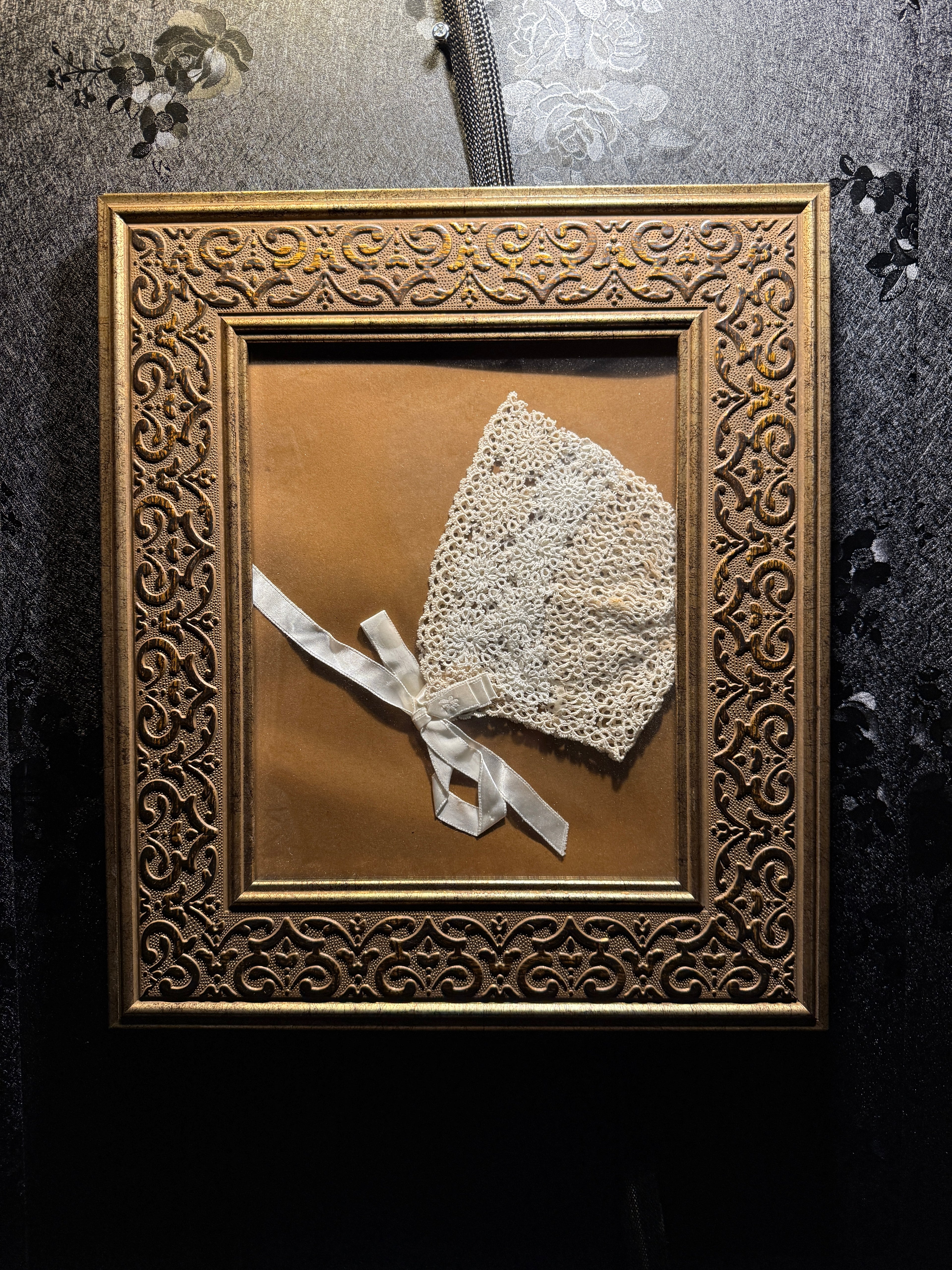 Edwardian Hand-Crocheted Christening Bonnet in Gilt Frame c. 1905–1910, England, Irish, or America