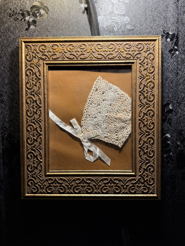 Edwardian Hand-Crocheted Christening Bonnet in Gilt Frame c. 1905–1910, England, Irish, or America