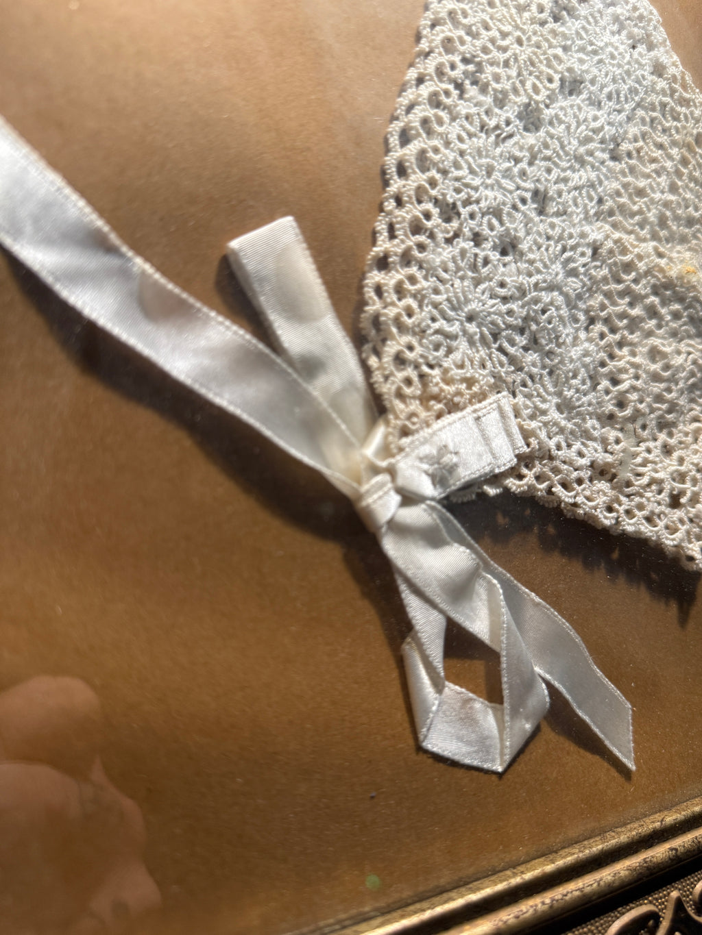 Edwardian Hand-Crocheted Christening Bonnet in Gilt Frame c. 1905–1910, England, Irish, or America