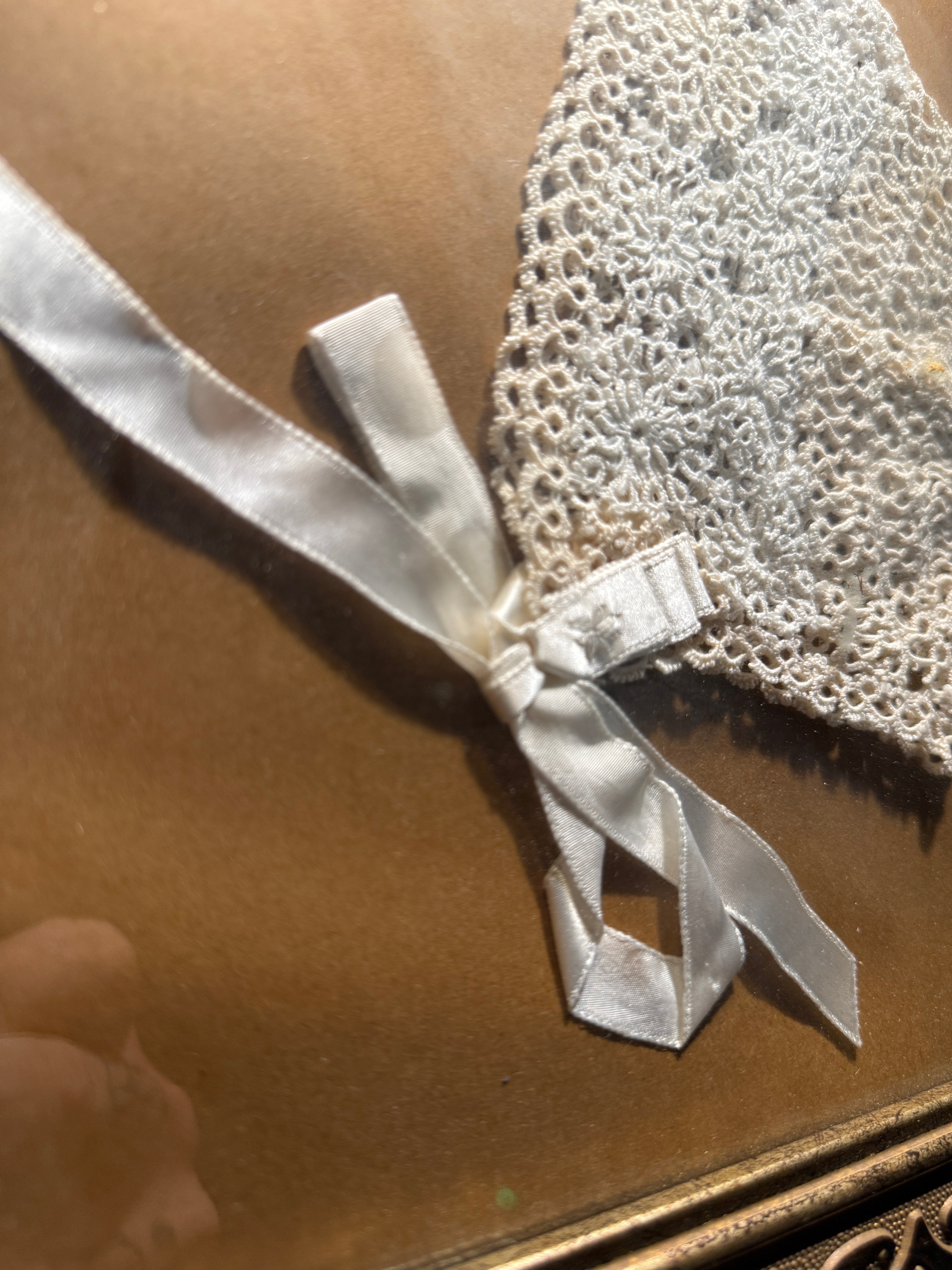 Edwardian Hand-Crocheted Christening Bonnet in Gilt Frame c. 1905–1910, England, Irish, or America