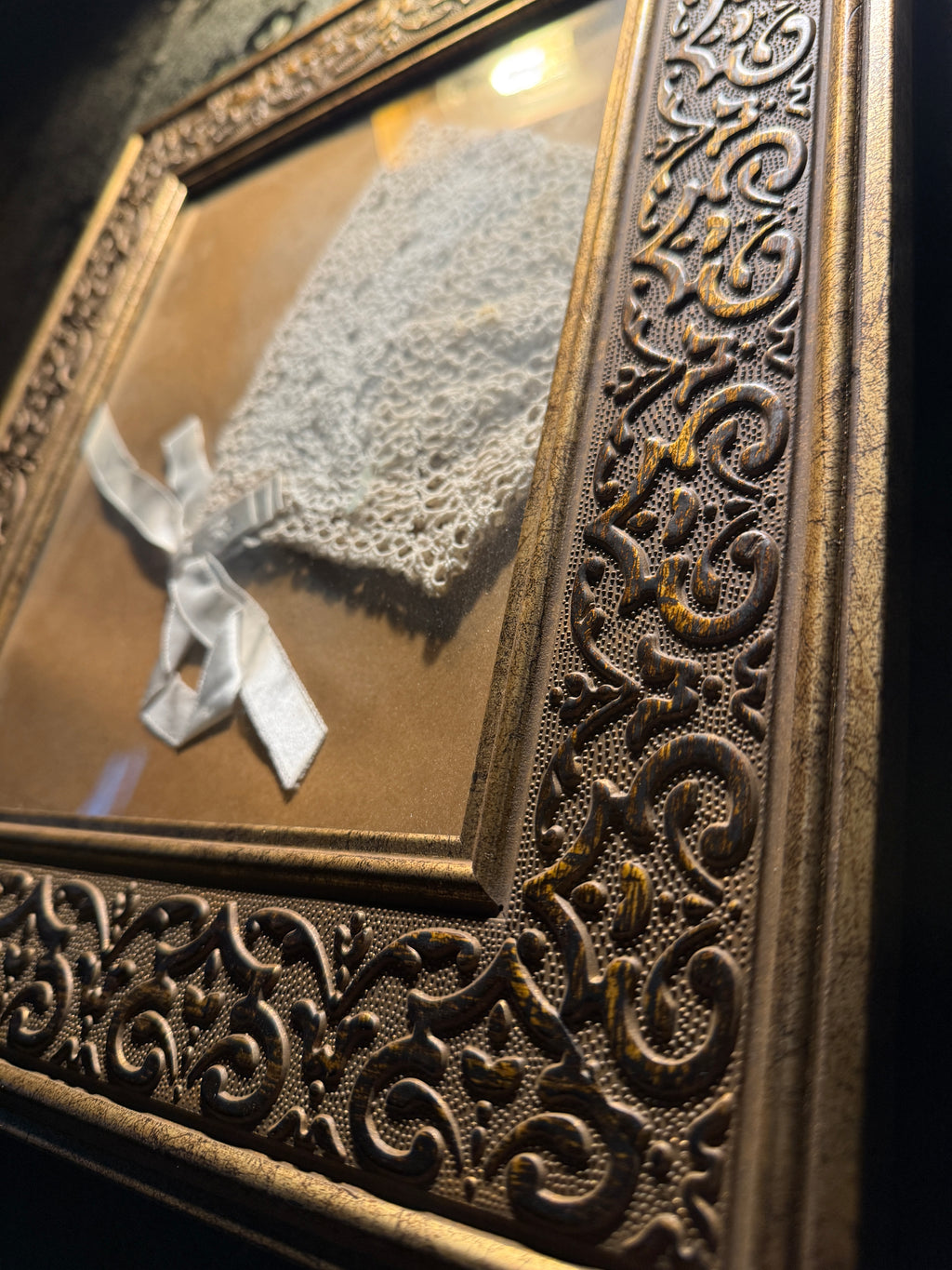 Edwardian Hand-Crocheted Christening Bonnet in Gilt Frame c. 1905–1910, England, Irish, or America