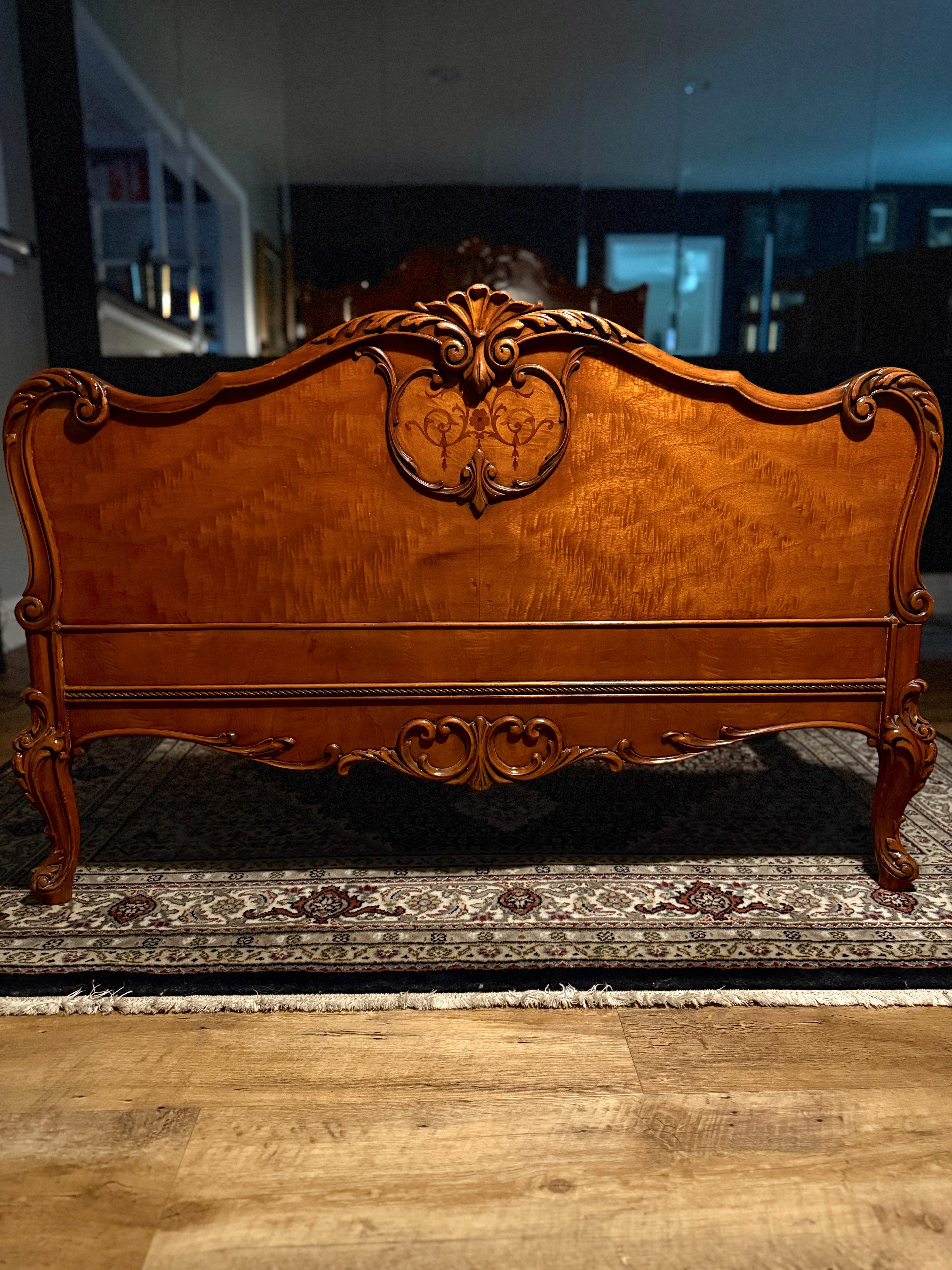 c. 1920s French Louis XV / Rococo Revival Bed in Figured Walnut with Marquetry