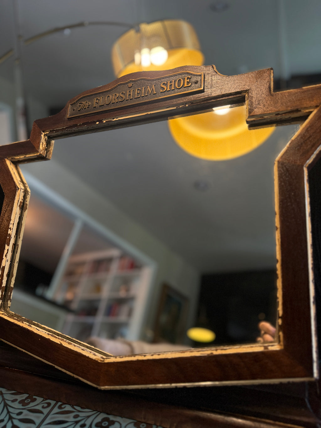 Florsheim Shoe Advertising Mirror, c. 1933–1942 — Art Deco Hardwood Counter Display with Original Plaque