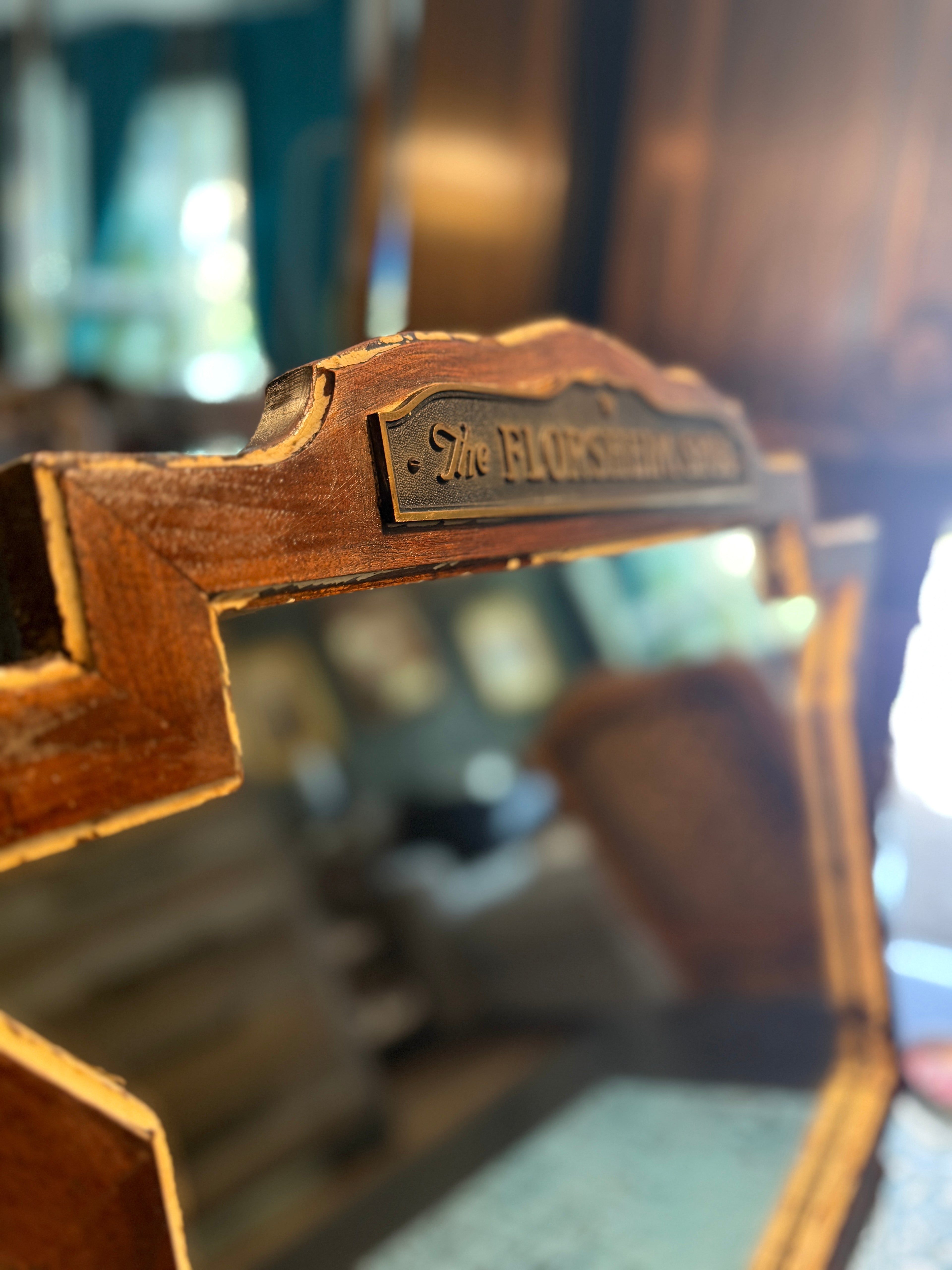 Florsheim Shoe Advertising Mirror, c. 1933–1942 — Art Deco Hardwood Counter Display with Original Plaque