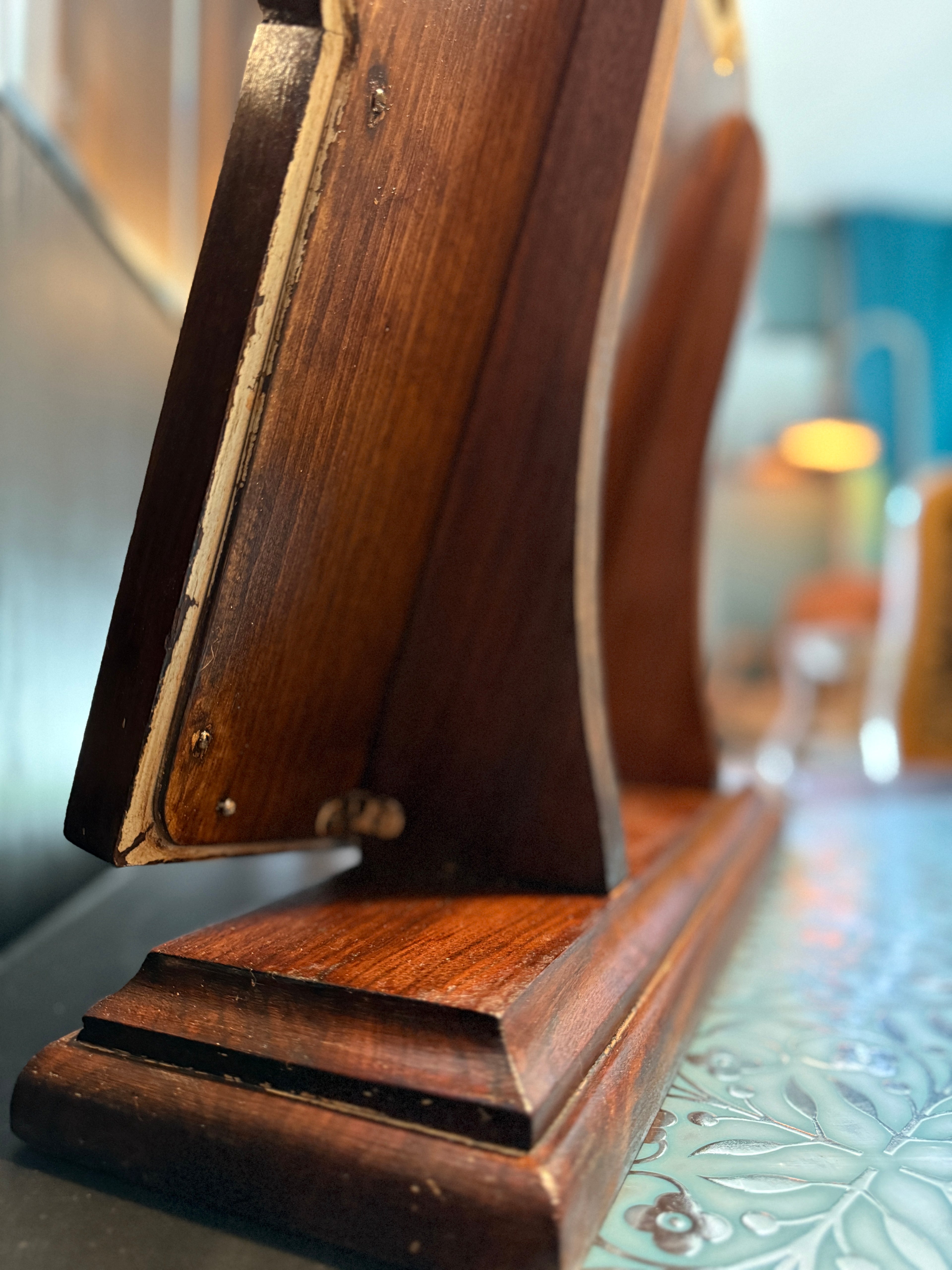 Florsheim Shoe Advertising Mirror, c. 1933–1942 — Art Deco Hardwood Counter Display with Original Plaque