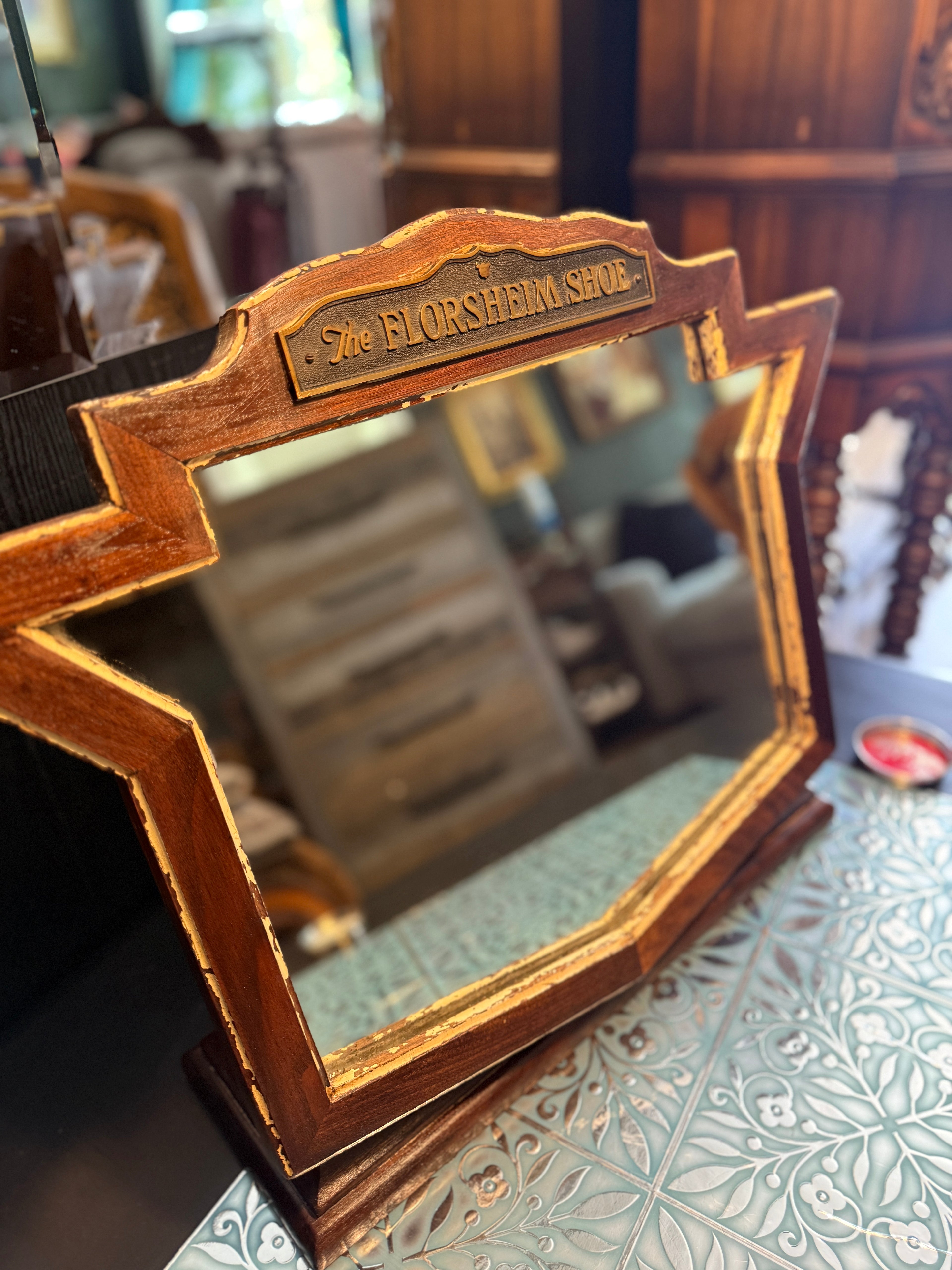 Florsheim Shoe Advertising Mirror, c. 1933–1942 — Art Deco Hardwood Counter Display with Original Plaque