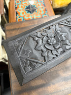 Antique English Ebonized Hand-Carved Wooden Casket Box With Worn Gilt Patina, c. 1870–1900
