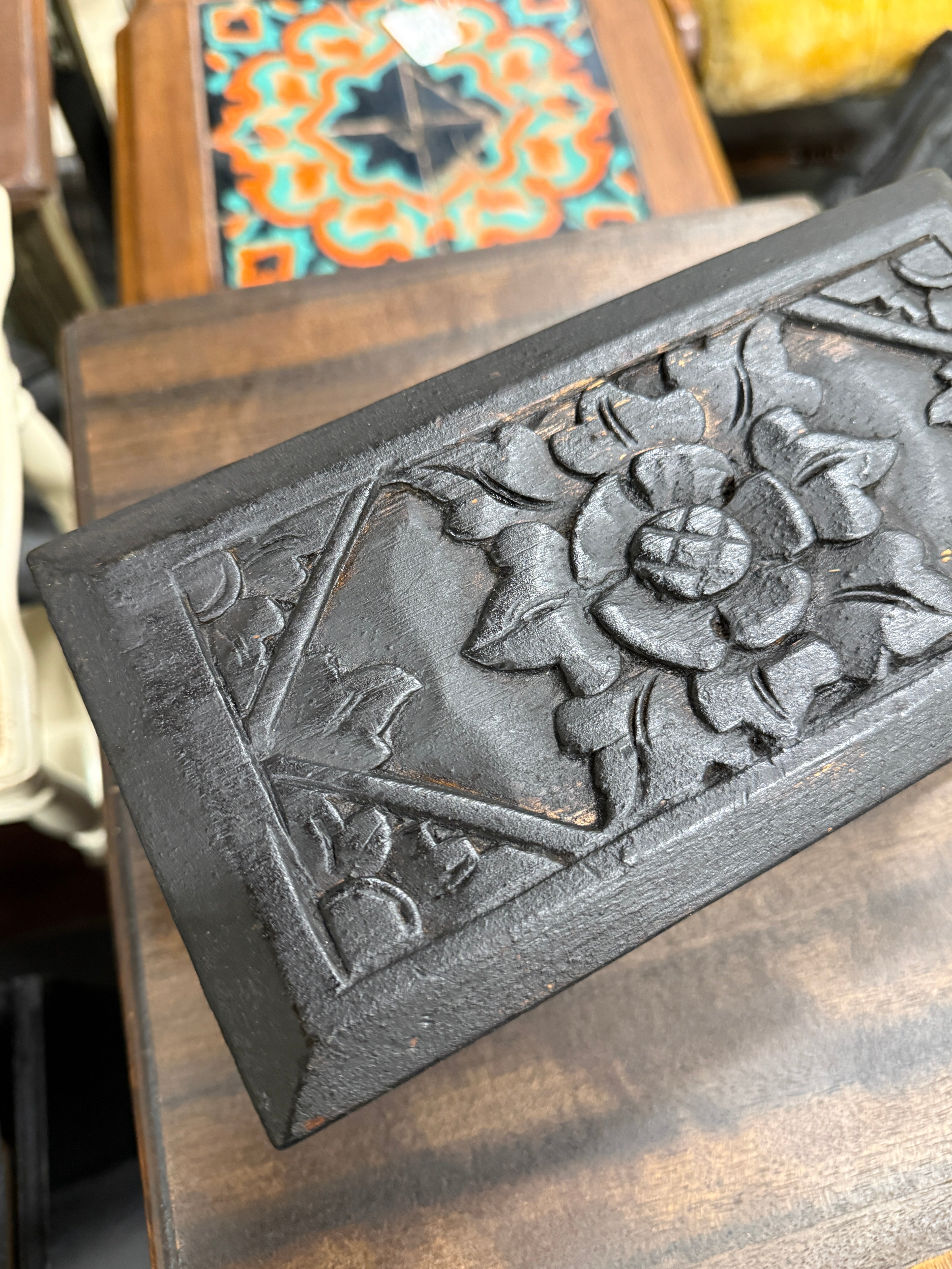 Antique English Ebonized Hand-Carved Wooden Casket Box With Worn Gilt Patina, c. 1870–1900