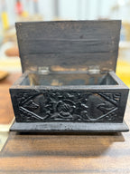 Antique English Ebonized Hand-Carved Wooden Casket Box With Worn Gilt Patina, c. 1870–1900