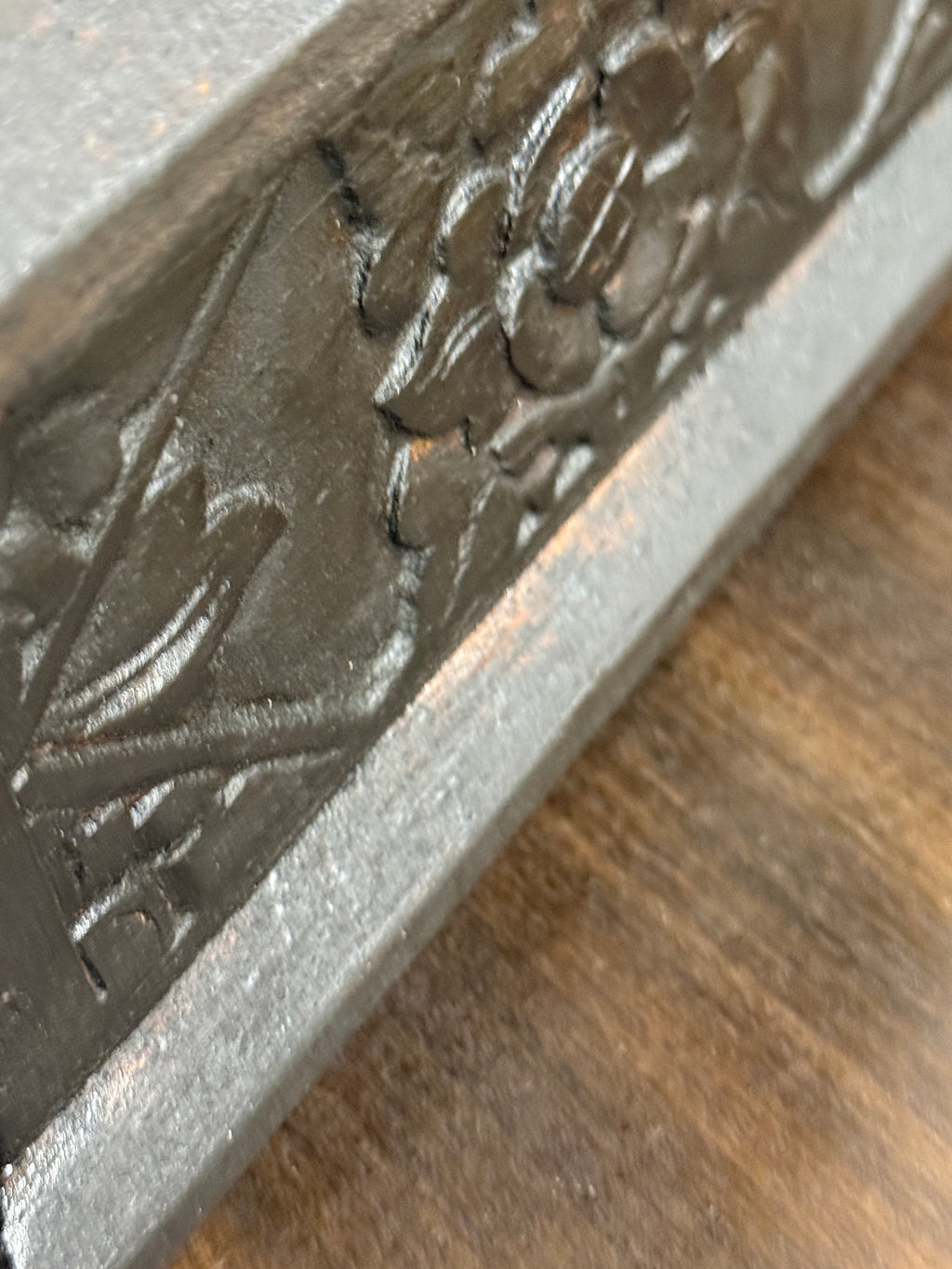 Antique English Ebonized Hand-Carved Wooden Casket Box With Worn Gilt Patina, c. 1870–1900
