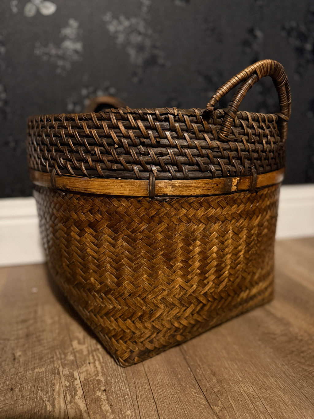 Early to Mid-20th Century Handwoven Rattan & Bamboo Storage Basket with Wrapped Handles, c. 1930–1950