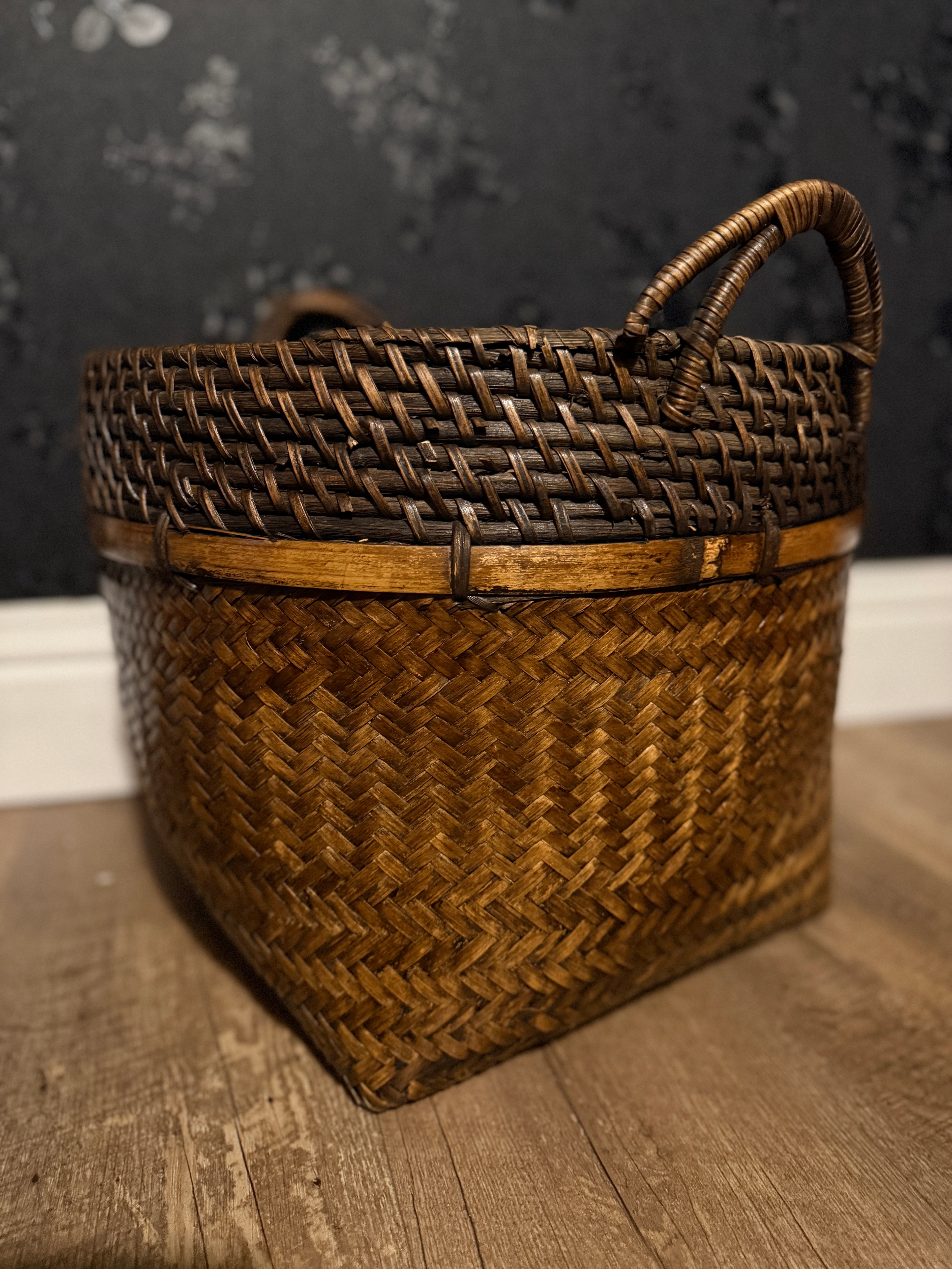 Early to Mid-20th Century Handwoven Rattan & Bamboo Storage Basket with Wrapped Handles, c. 1930–1950