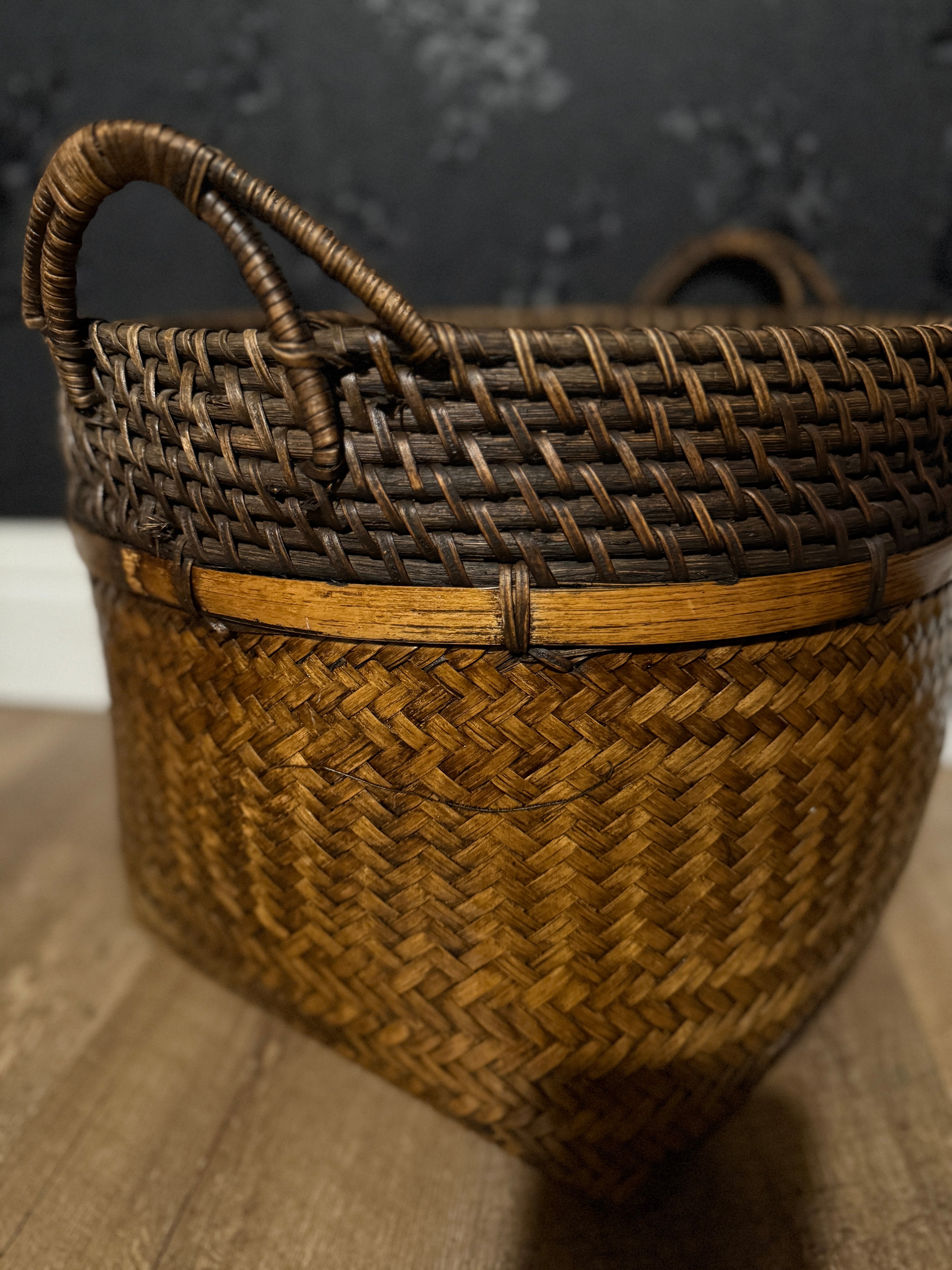 Early to Mid-20th Century Handwoven Rattan & Bamboo Storage Basket with Wrapped Handles, c. 1930–1950