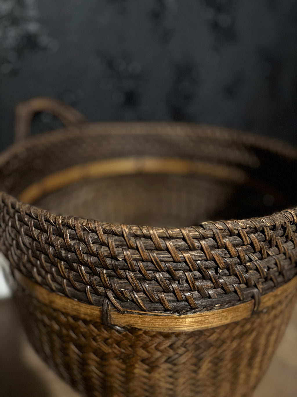 Early to Mid-20th Century Handwoven Rattan & Bamboo Storage Basket with Wrapped Handles, c. 1930–1950