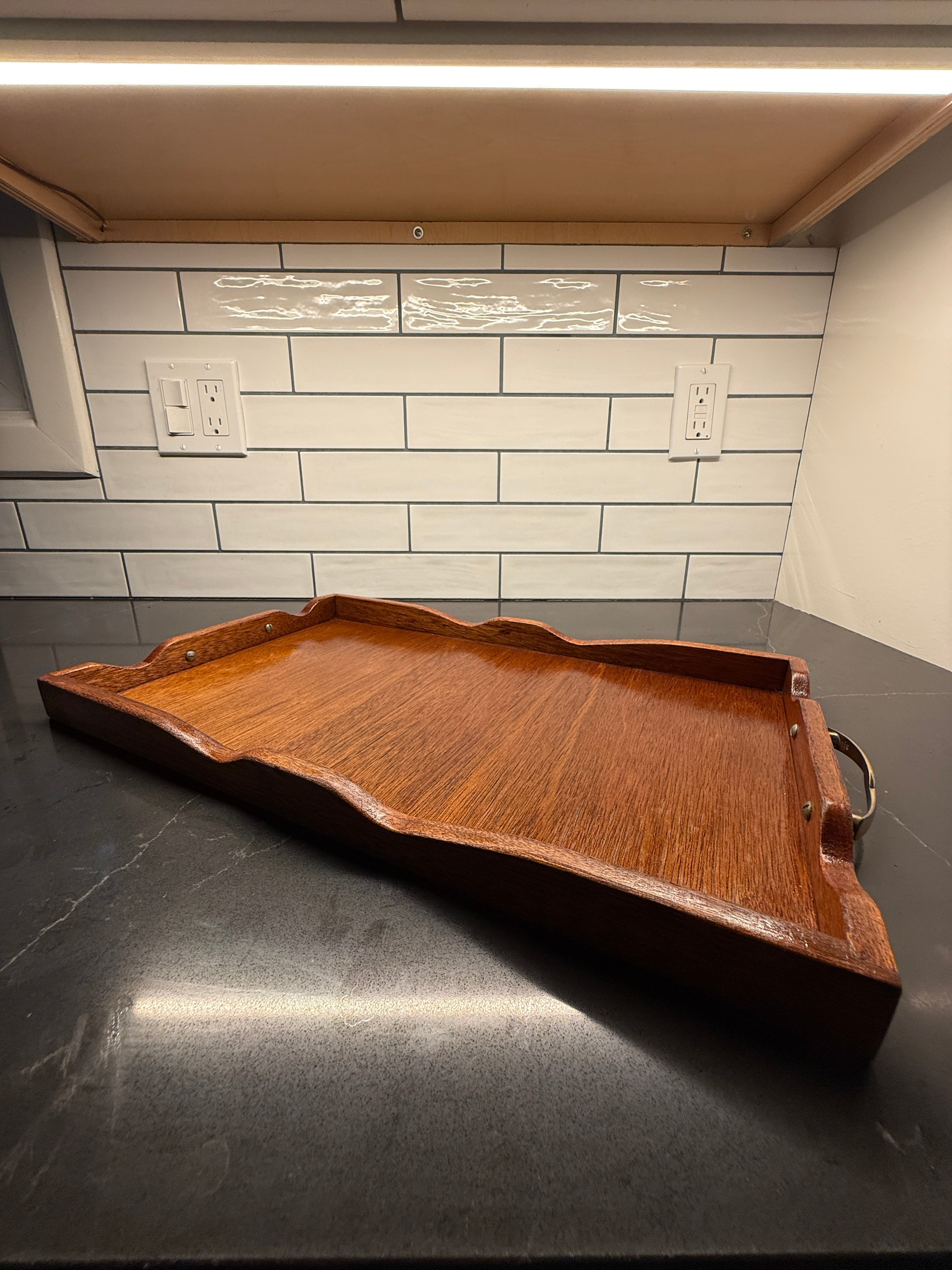 Mid-Century Oak & Brass Serving Tray with Amerock Patent-Stamped Handles, c. 1950–1955