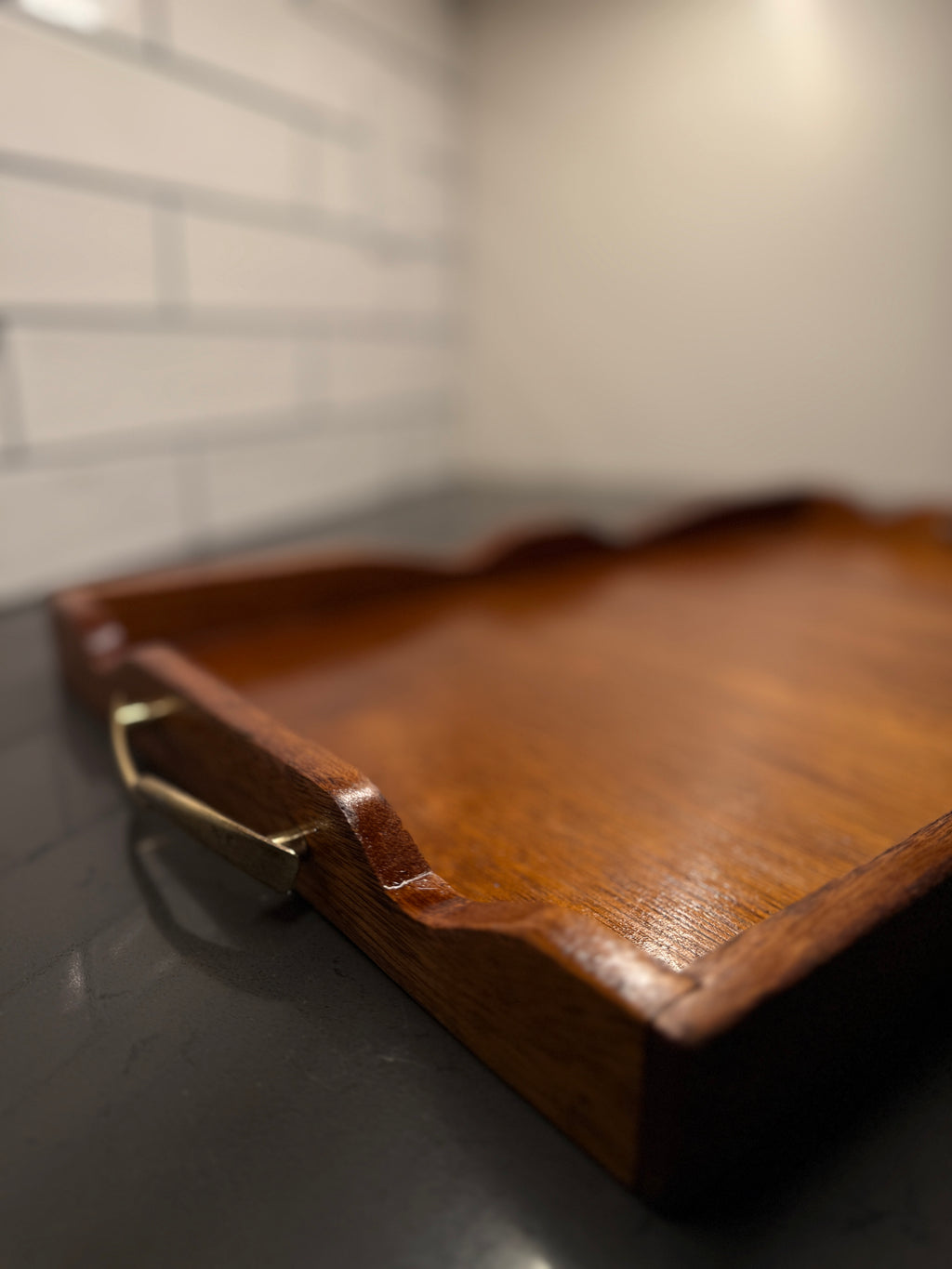 Mid-Century Oak & Brass Serving Tray with Amerock Patent-Stamped Handles, c. 1950–1955