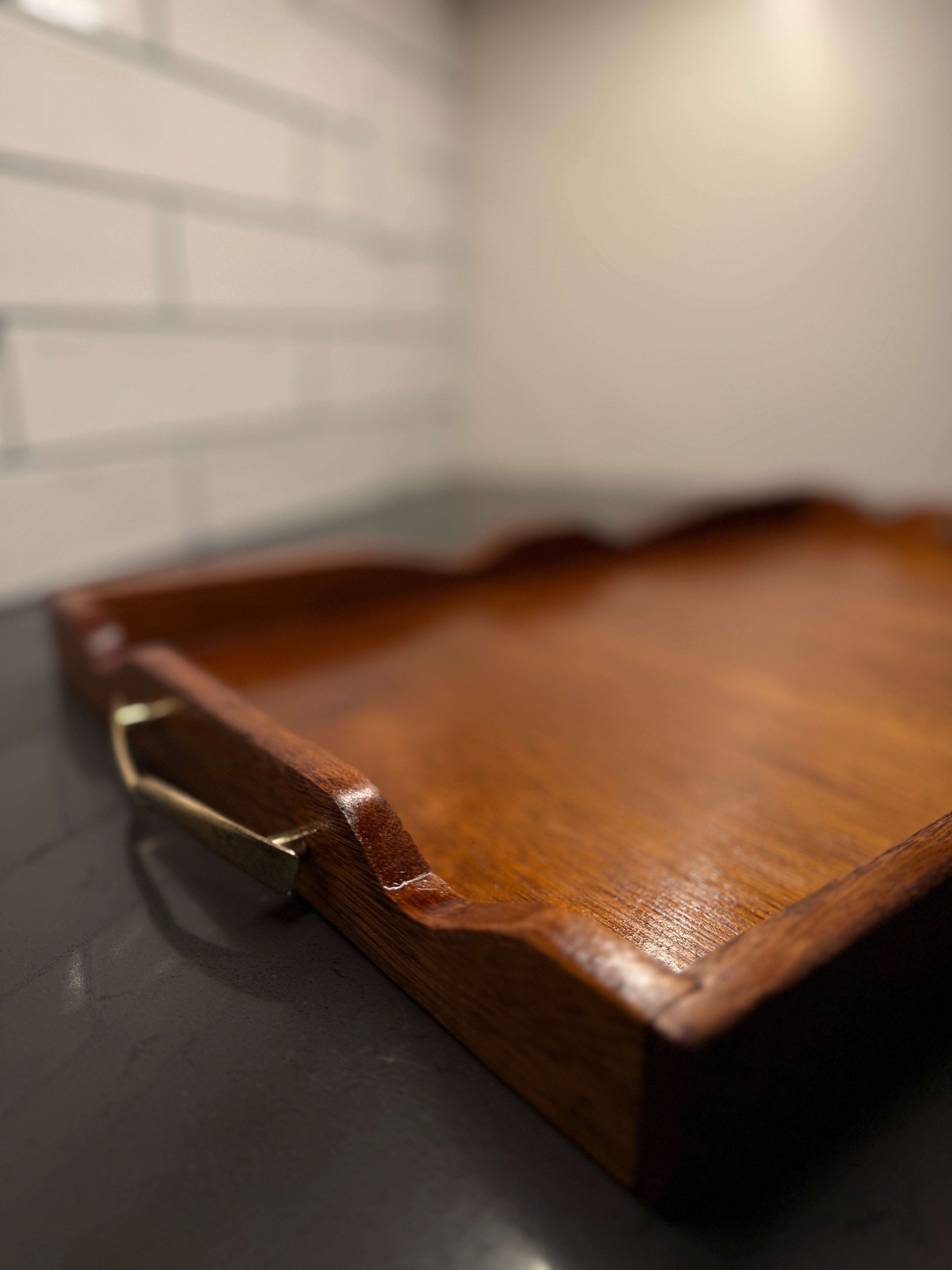 Mid-Century Oak & Brass Serving Tray with Amerock Patent-Stamped Handles, c. 1950–1955
