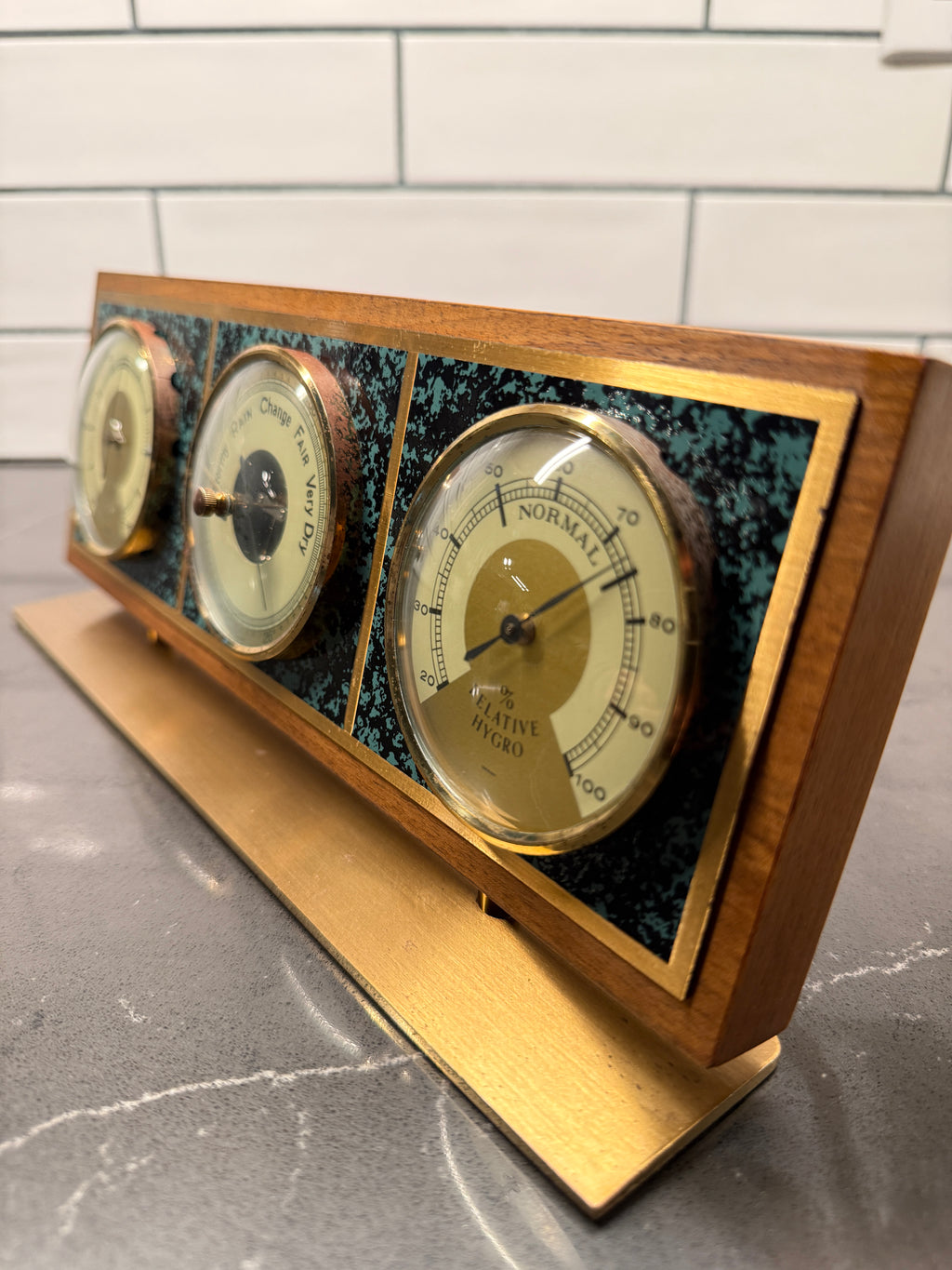 Mid-Century Airguide Teak & Brass Weather Station (Thermometer • Barometer • Hygrometer), c. 1960