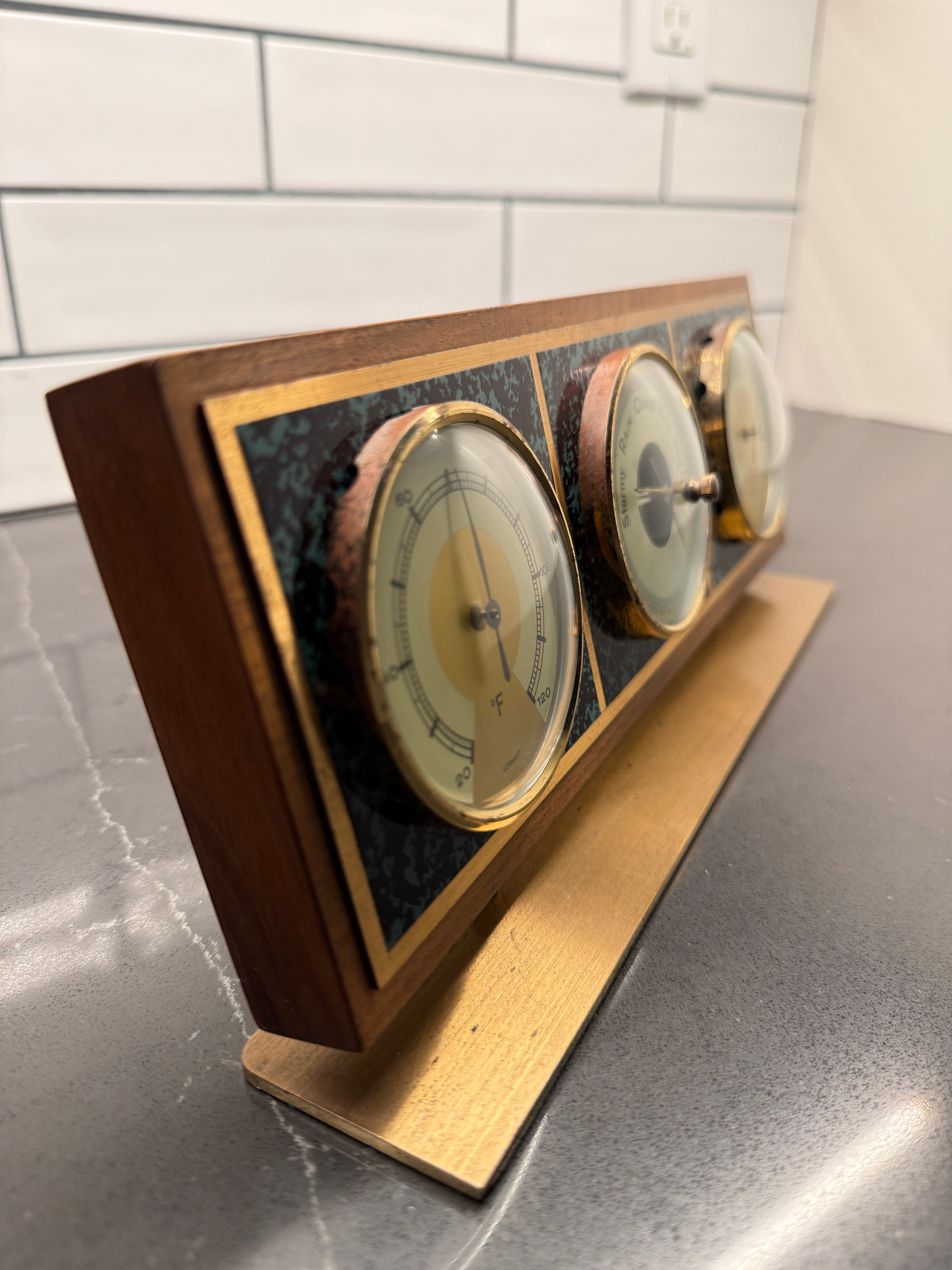 Mid-Century Airguide Teak & Brass Weather Station (Thermometer • Barometer • Hygrometer), c. 1960