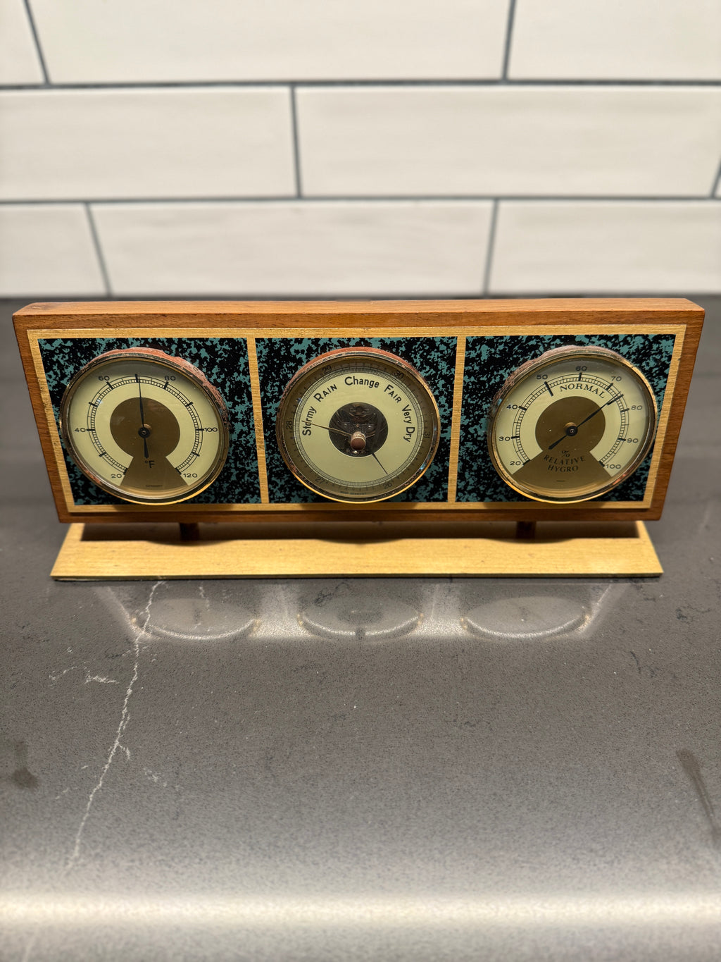 Mid-Century Airguide Teak & Brass Weather Station (Thermometer • Barometer • Hygrometer), c. 1960