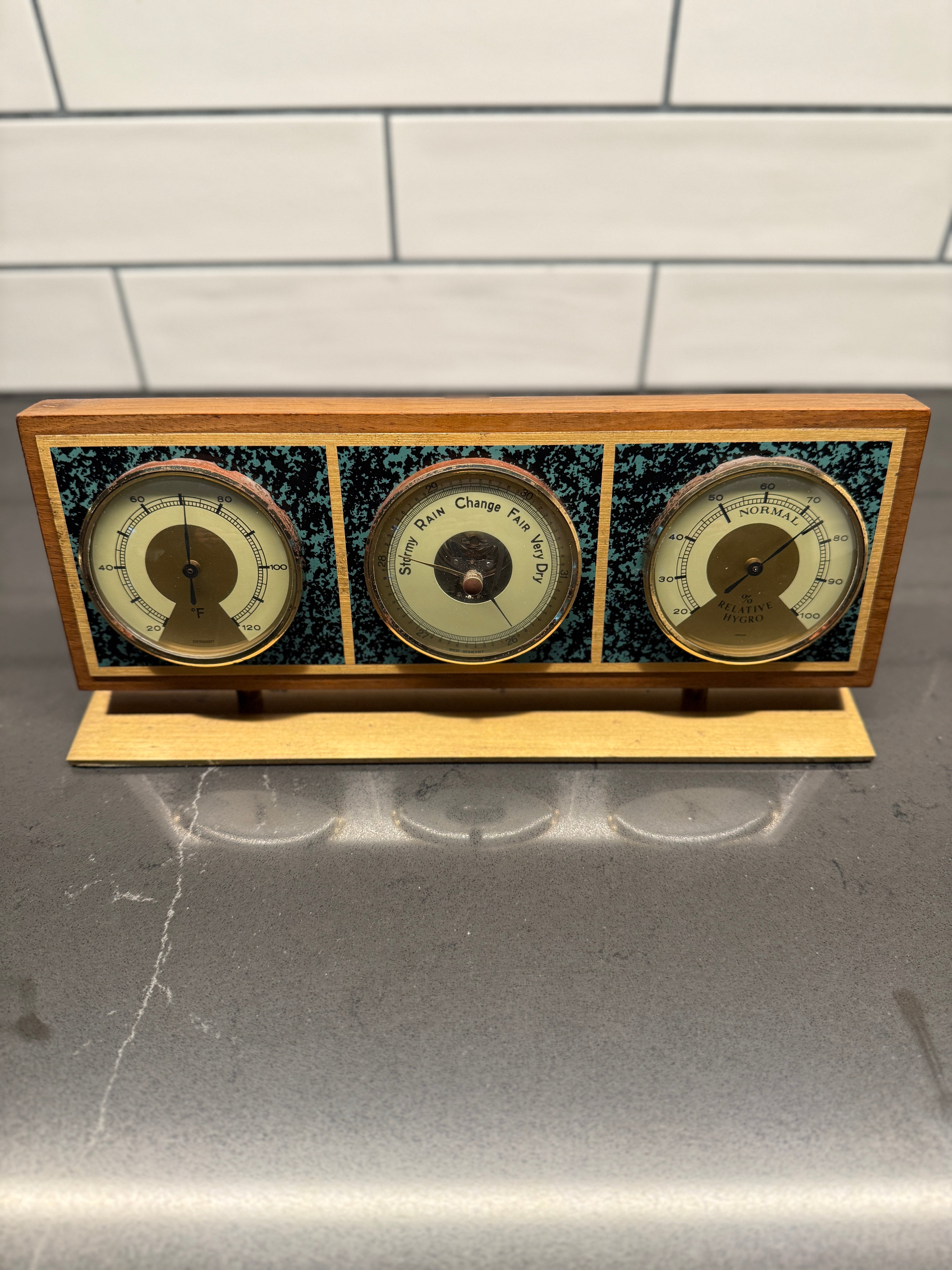Mid-Century Airguide Teak & Brass Weather Station (Thermometer • Barometer • Hygrometer), c. 1960